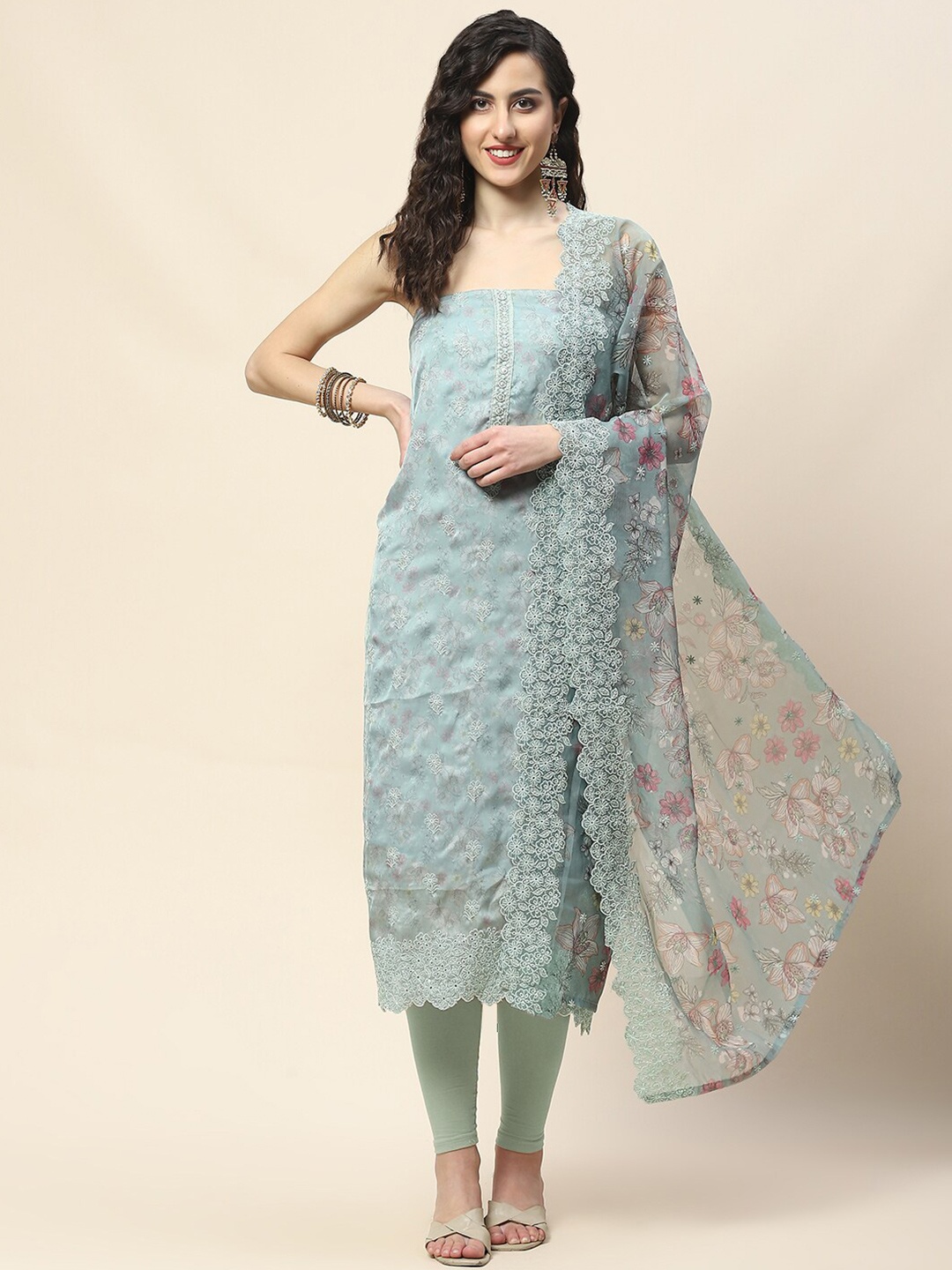

Meena Bazaar Floral Printed Sequinned Unstitched Dress Material, Sea green