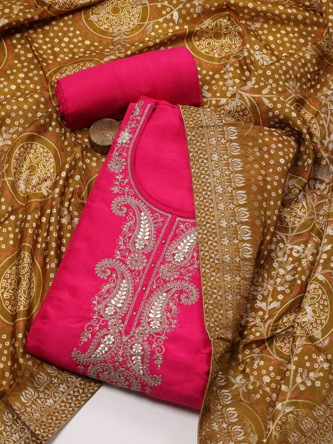

Meena Bazaar Floral Embroidered Art Silk Unstitched Dress Material, Pink