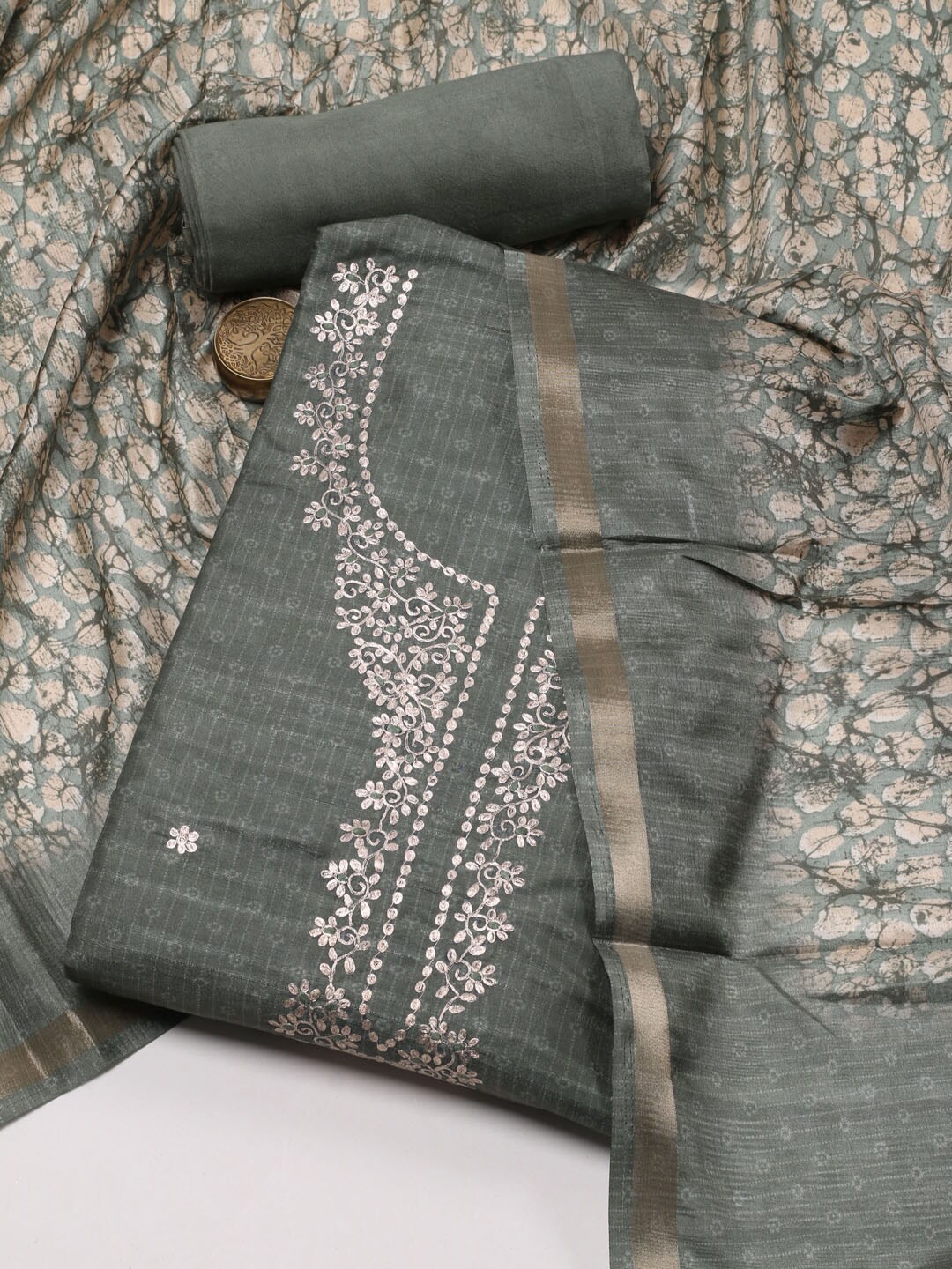 

Meena Bazaar Printed Art Silk Unstitched Dress Material, Grey