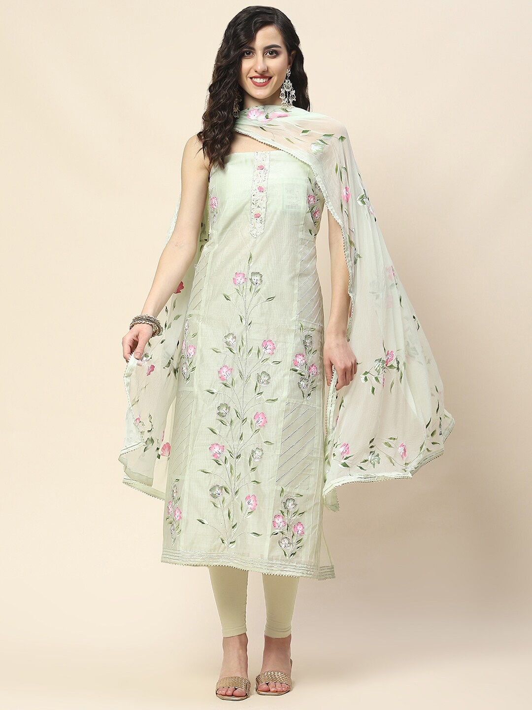 

Meena Bazaar Floral Printed Art Silk Unstitched Dress Material, Green