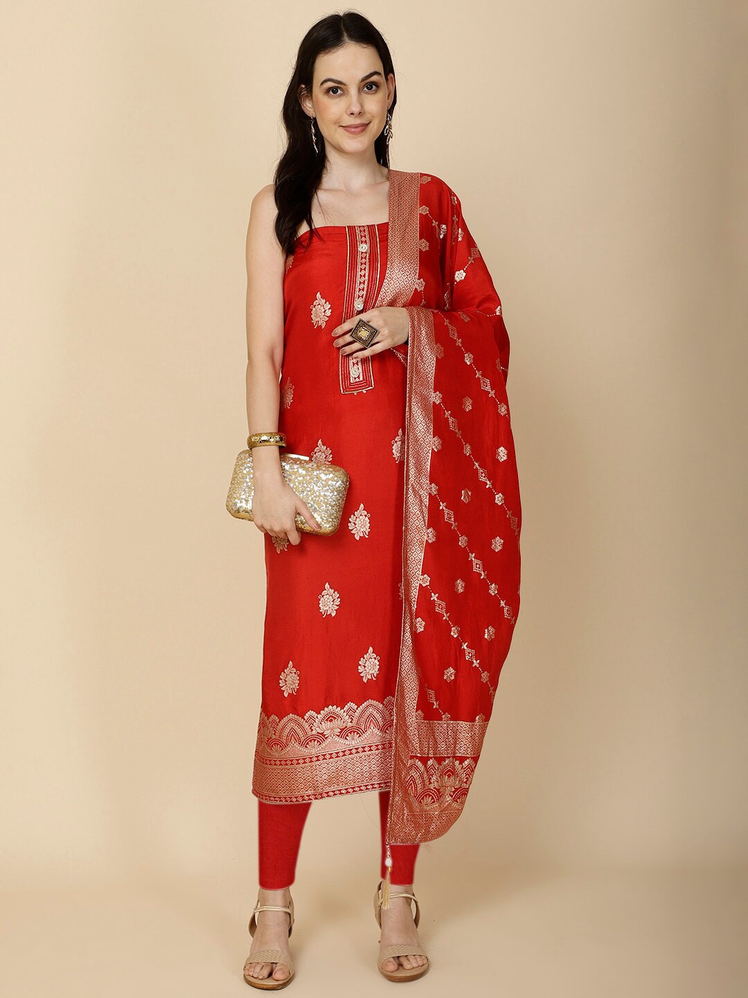 

Meena Bazaar Art Silk Unstitched Dress Material, Red