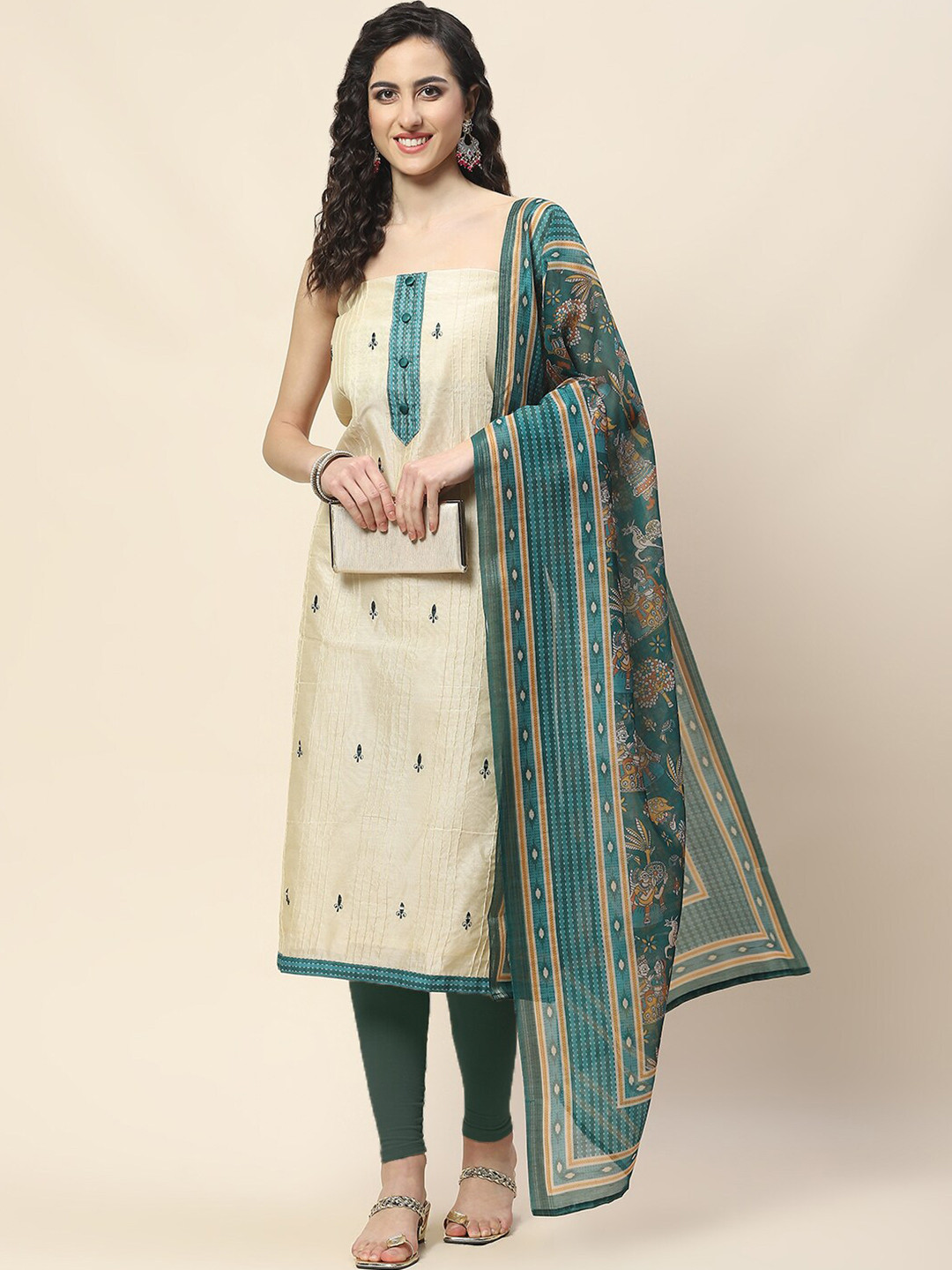 

Meena Bazaar Art Silk Unstitched Dress Material, Cream