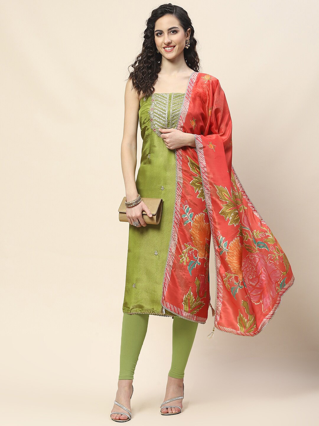 

Meena Bazaar Floral Embroidered Unstitched Dress Material, Green