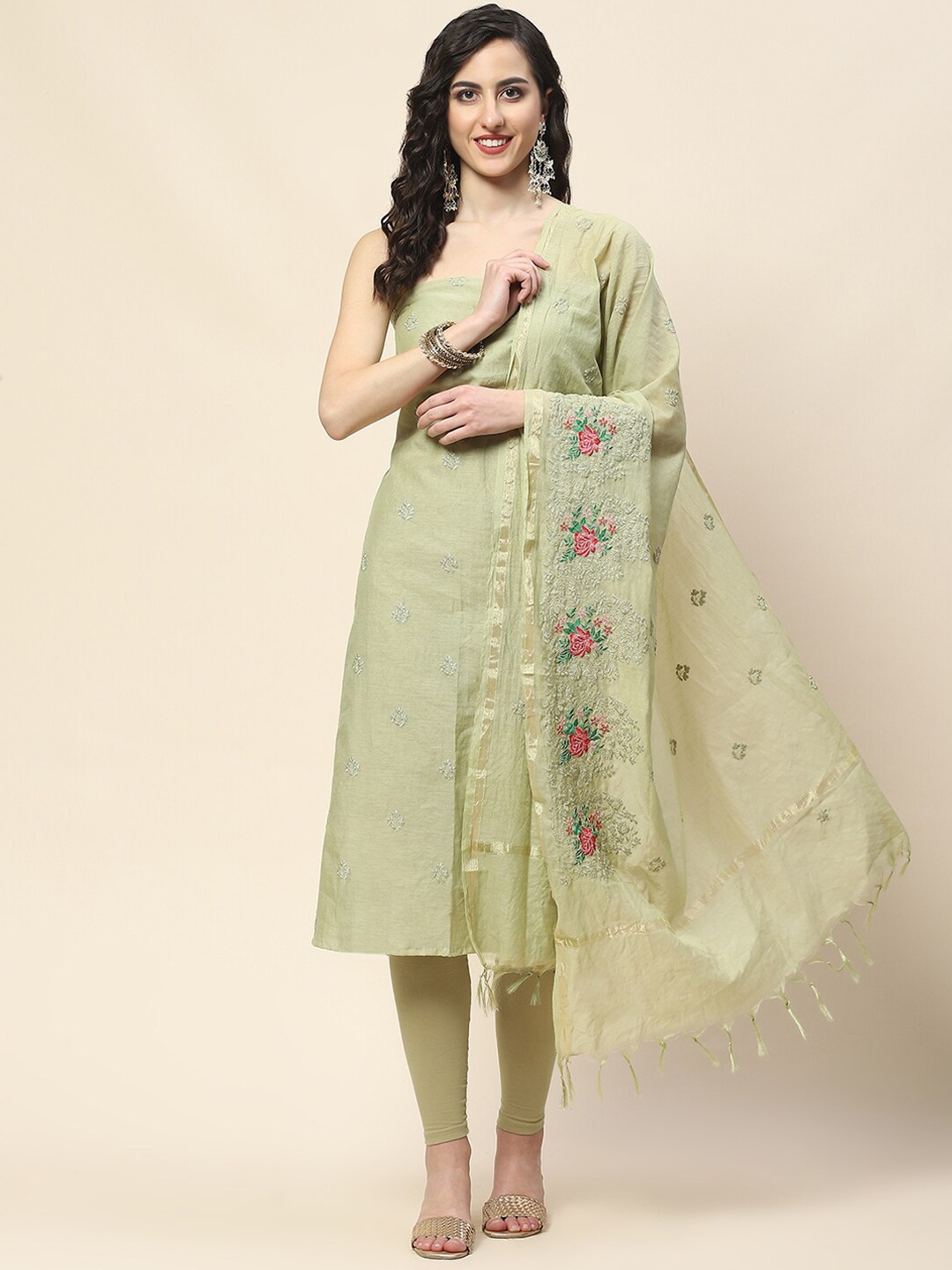 

Meena Bazaar Floral Embroidered Unstitched Dress Material, Green