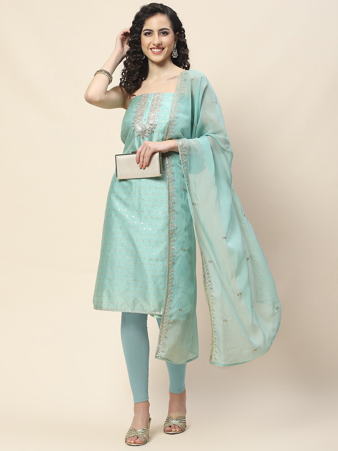 

Meena Bazaar Floral Embroidered Art Silk Chanderi Unstitched Dress Material, Sea green