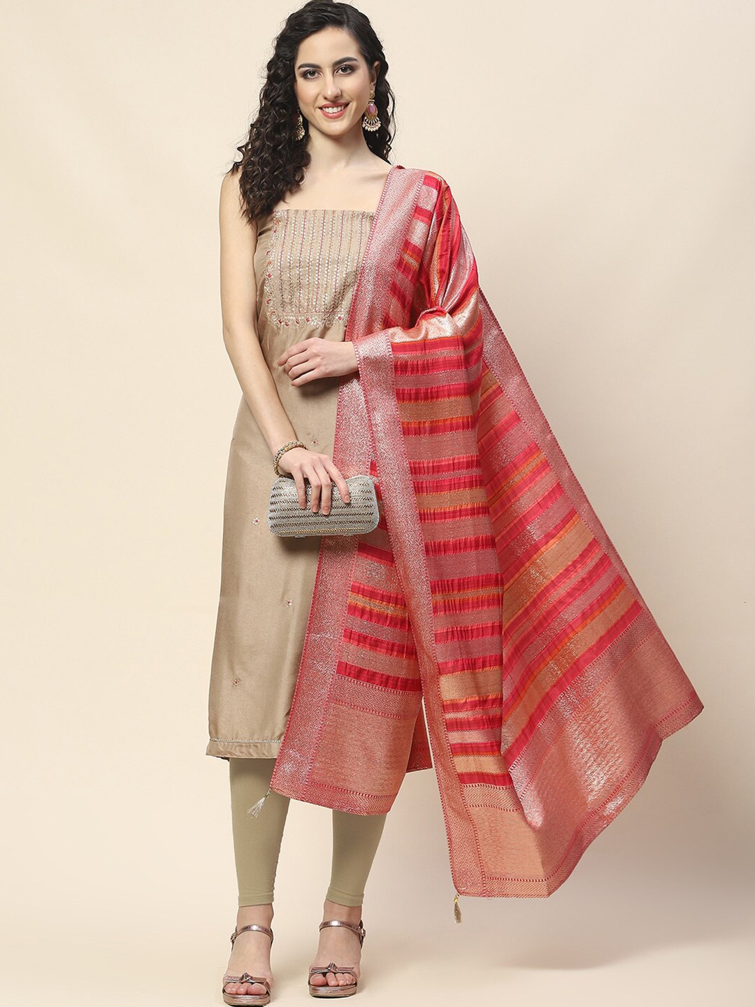 

Meena Bazaar Floral Embroidered Unstitched Dress Material, Beige