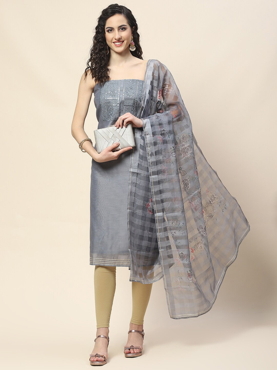 

Meena Bazaar Ethnic Embroidered Unstitched Dress Material, Grey