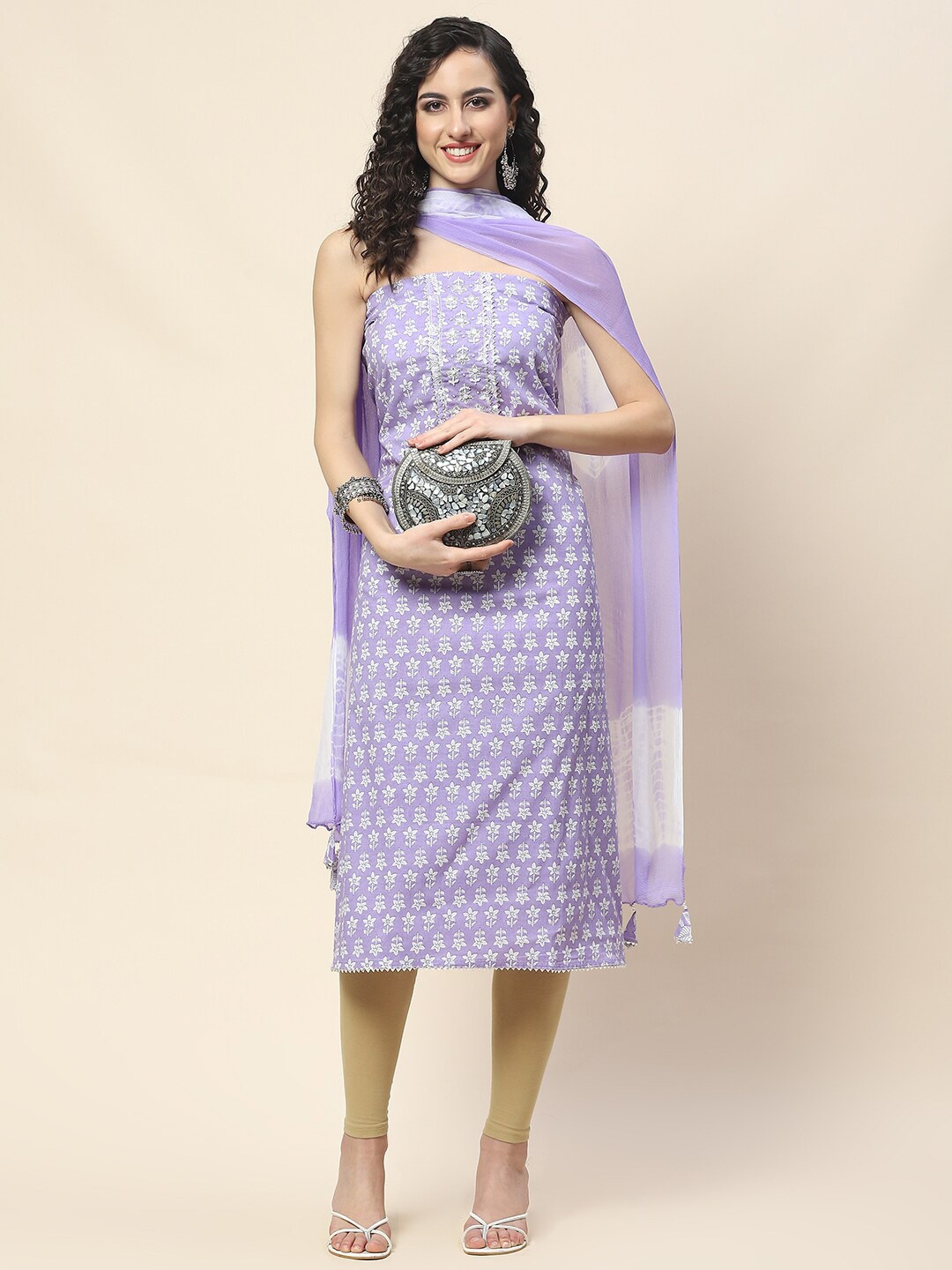 

Meena Bazaar Printed Unstitched Dress Material, Lavender