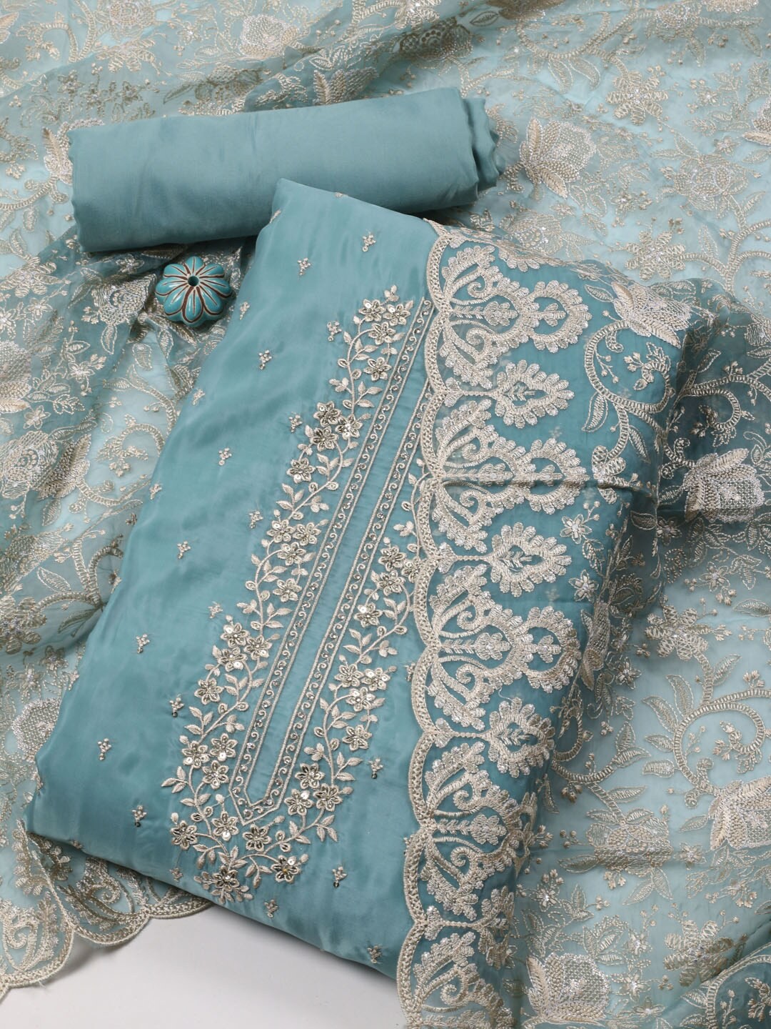 

Meena Bazaar Embroidered Organza Unstitched Dress Material, Sea green