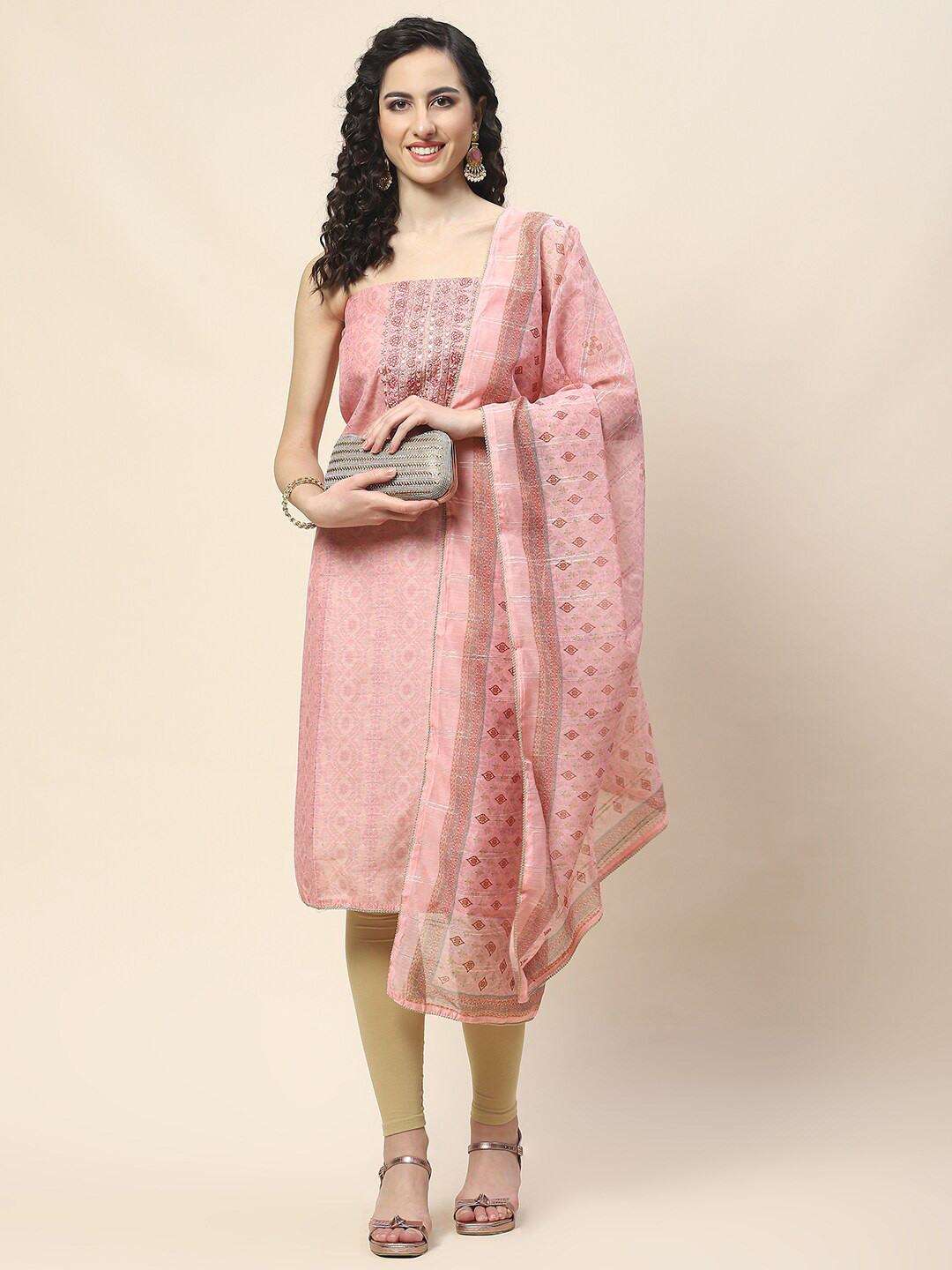 

Meena Bazaar Ethnic Motifs Printed Art Silk Unstitched Dress Material, Pink