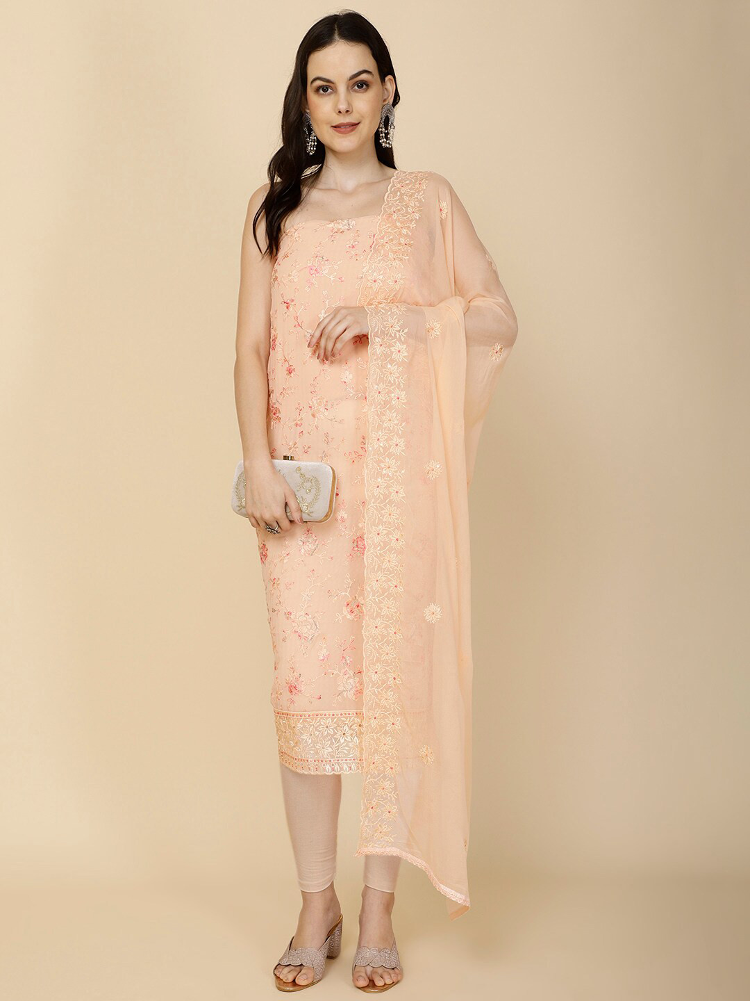 

Meena Bazaar Floral Embroidered Unstitched Dress Material, Peach