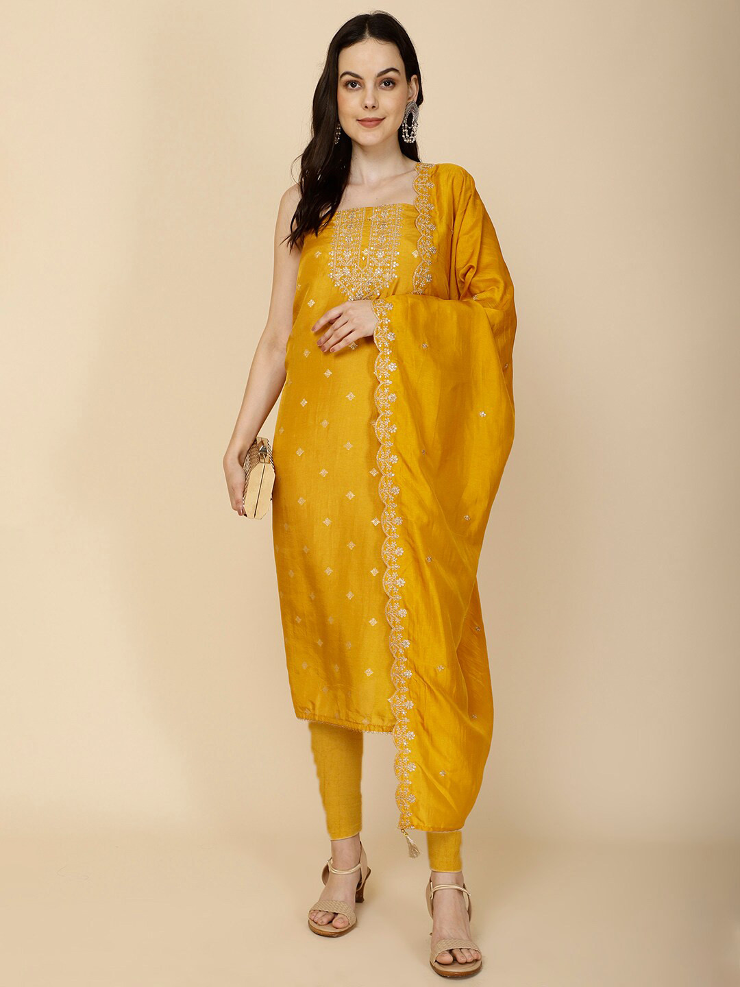 

Meena Bazaar Art Silk Unstitched Dress Material, Mustard