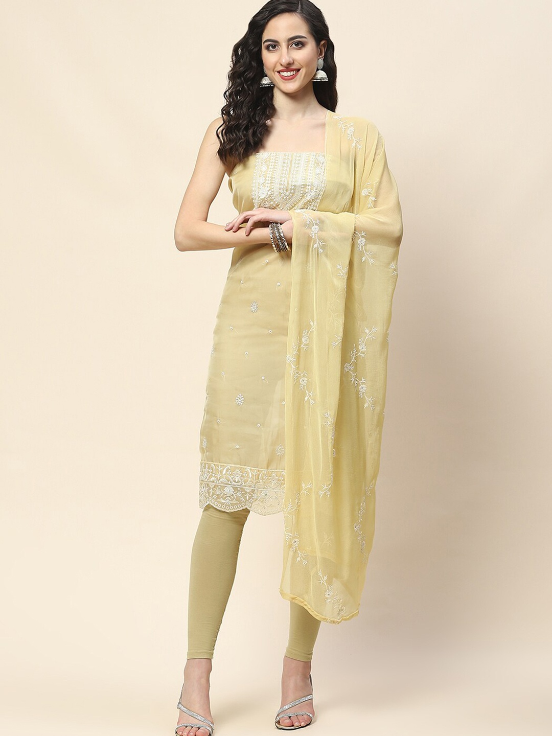 

Meena Bazaar Floral Embroidered Sequinned Unstitched Dress Material, Yellow