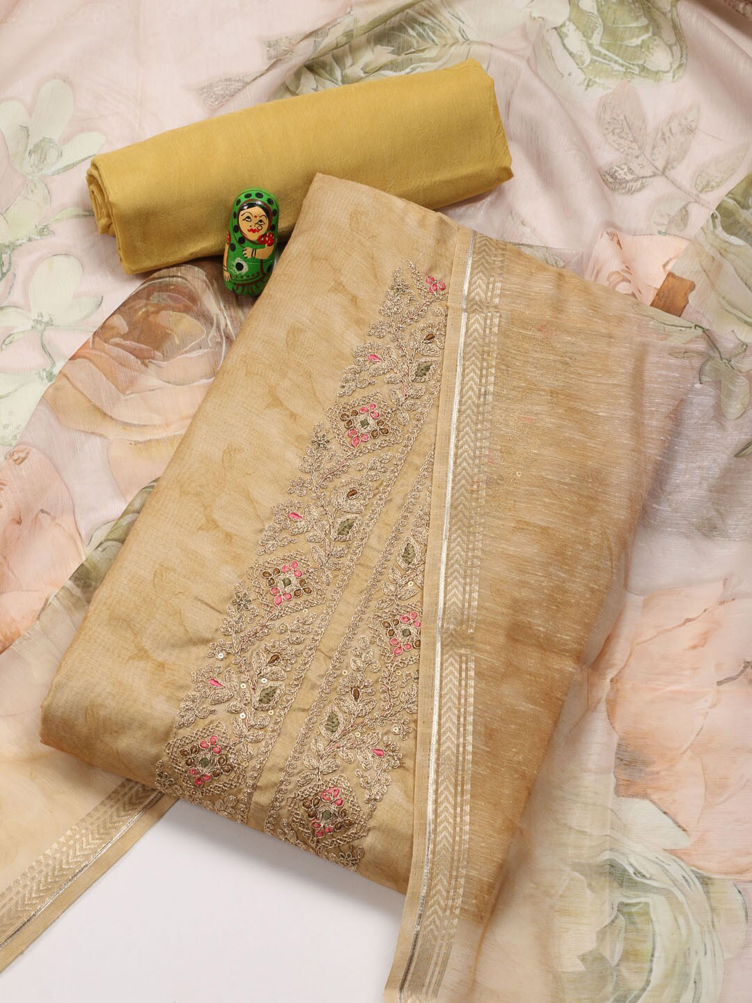 

Meena Bazaar Printed Art Silk Unstitched Dress Material, Mustard