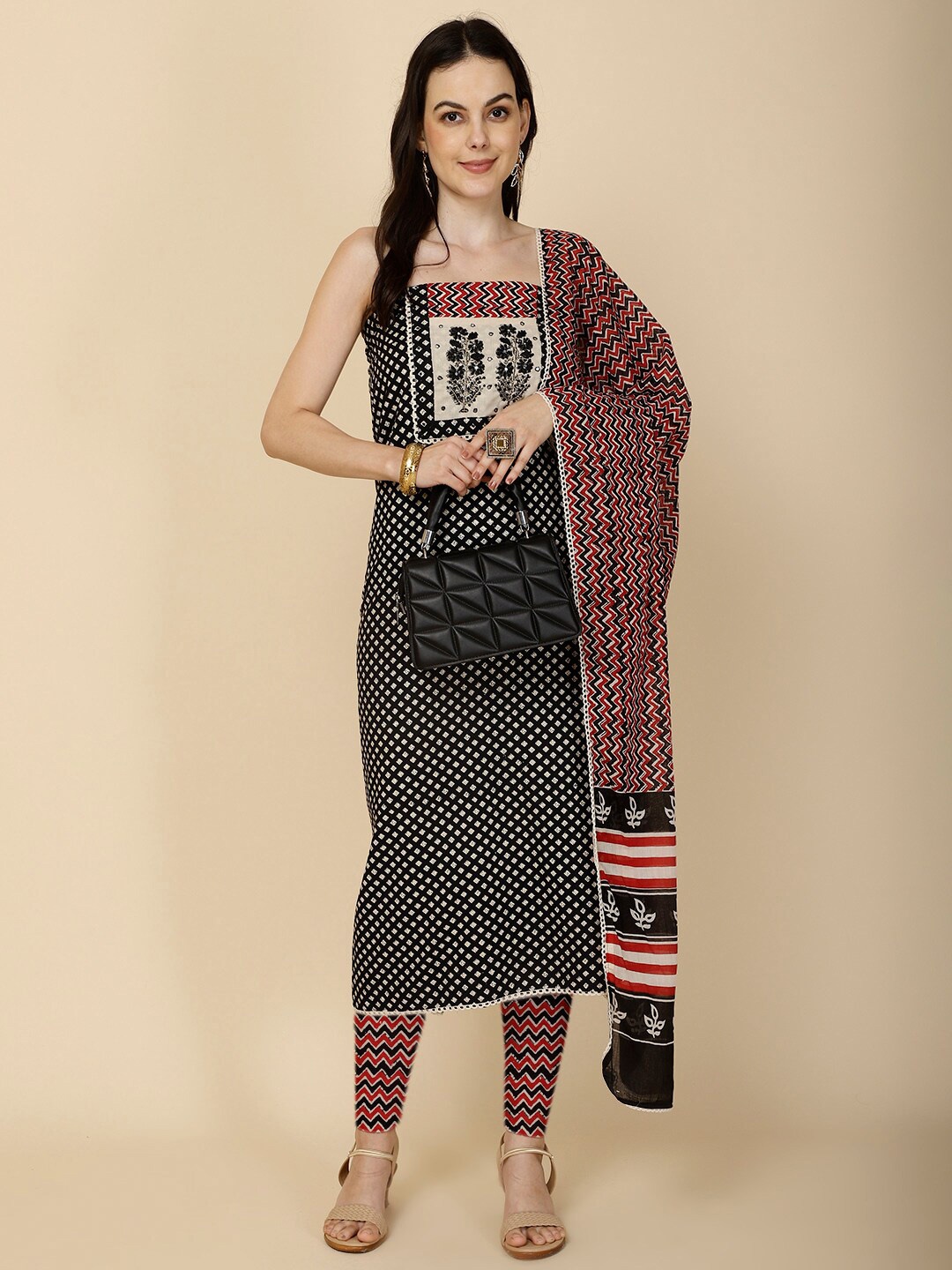 

Meena Bazaar Geometric Printed Unstitched Dress Material, Black