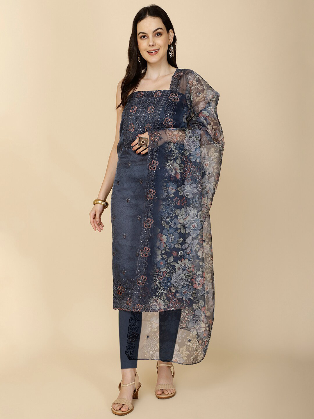 

Meena Bazaar Printed Organza Unstitched Dress Material, Blue
