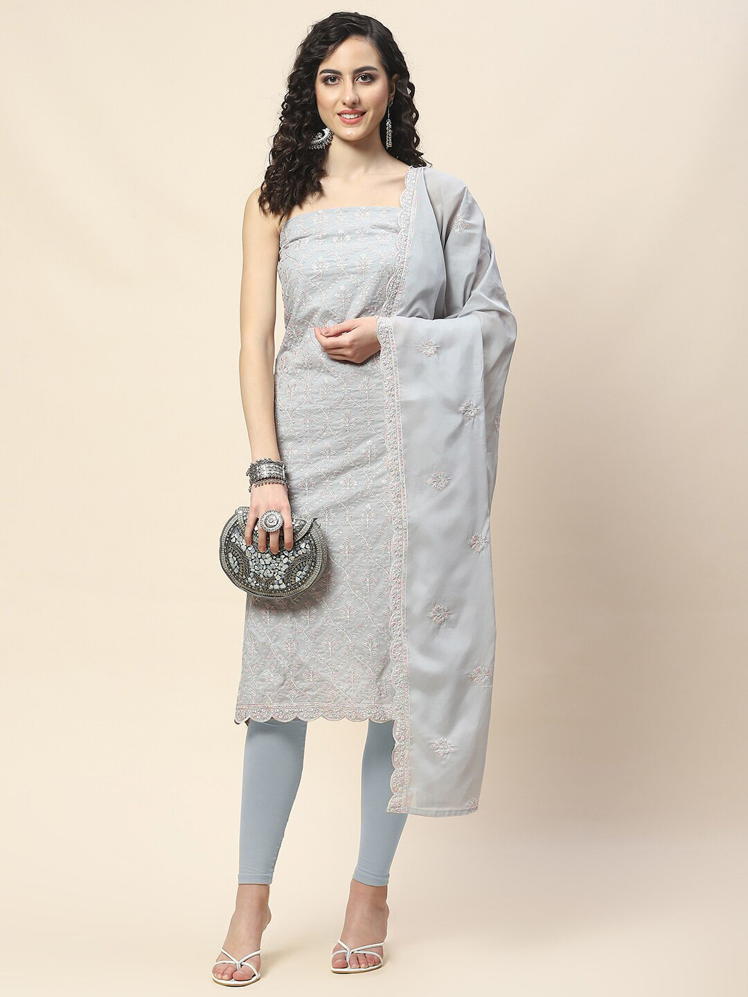 

Meena Bazaar Floral Embroidered Sequinned Unstitched Dress Material, Grey