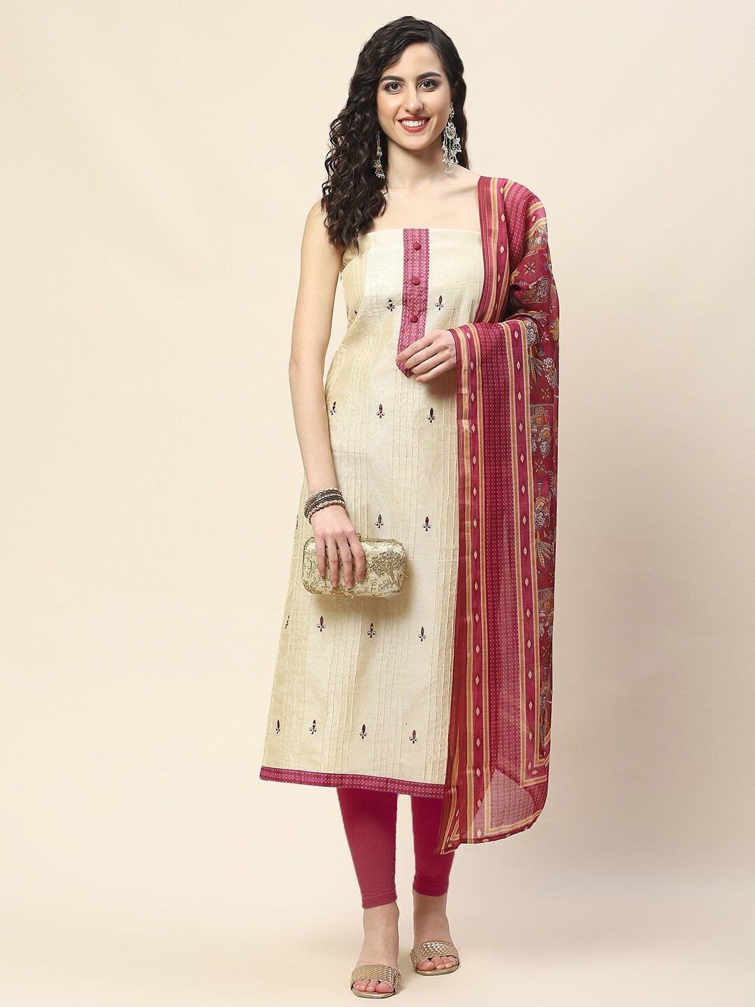 

Meena Bazaar Floral Embroidered Unstitched Dress Material, Cream