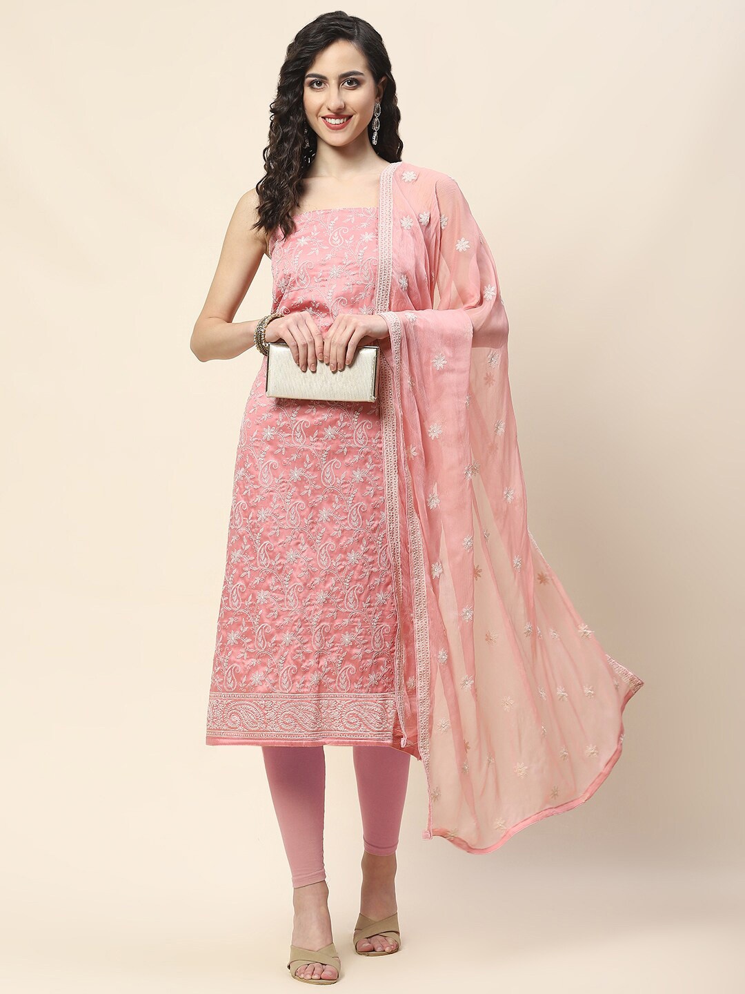 

Meena Bazaar Embroidered Unstitched Dress Material, Pink