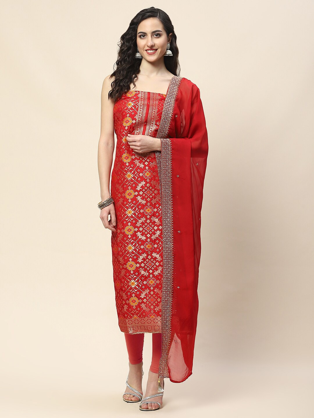 

Meena Bazaar Ethnic Motif Zari Woven Design Unstitched Dress Material, Red