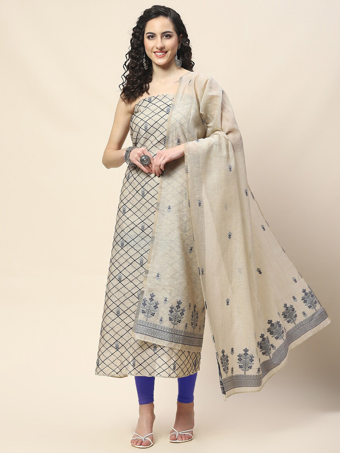 

Meena Bazaar Woven Design Unstitched Dress Material, Beige