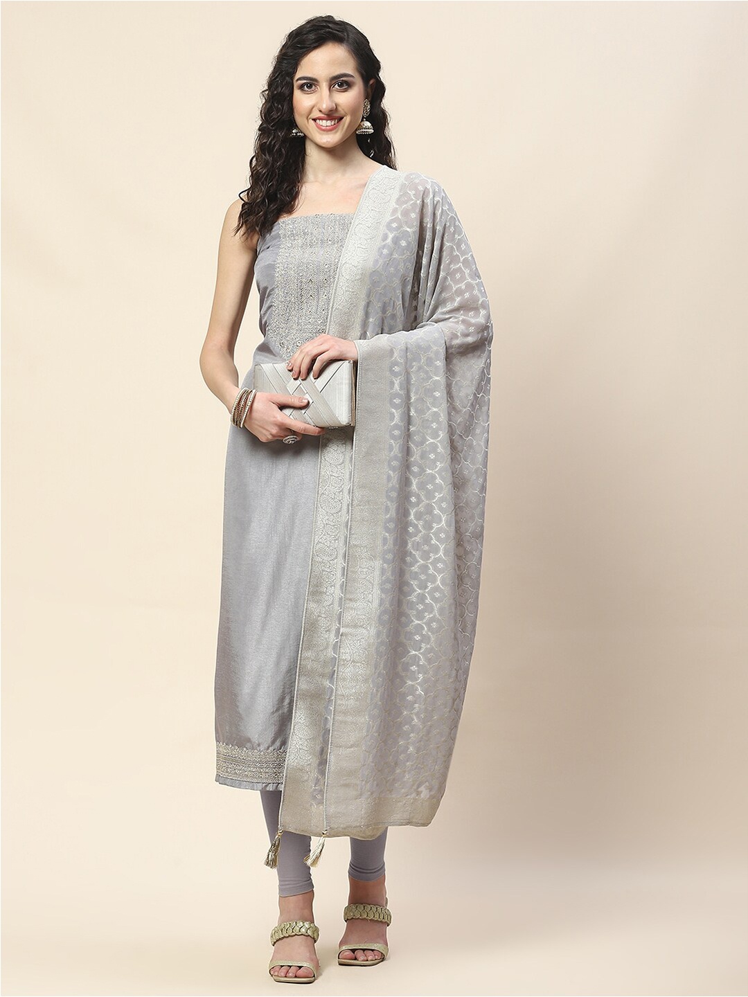

Meena Bazaar Floral Embroidered Unstitched Dress Material, Grey