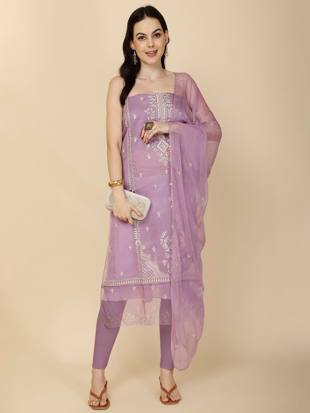 

Meena Bazaar Floral Embroidered Unstitched Dress Material, Lavender