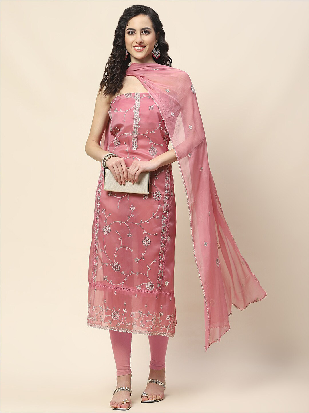 

Meena Bazaar Floral Embroidered Organza Unstitched Dress Material, Pink