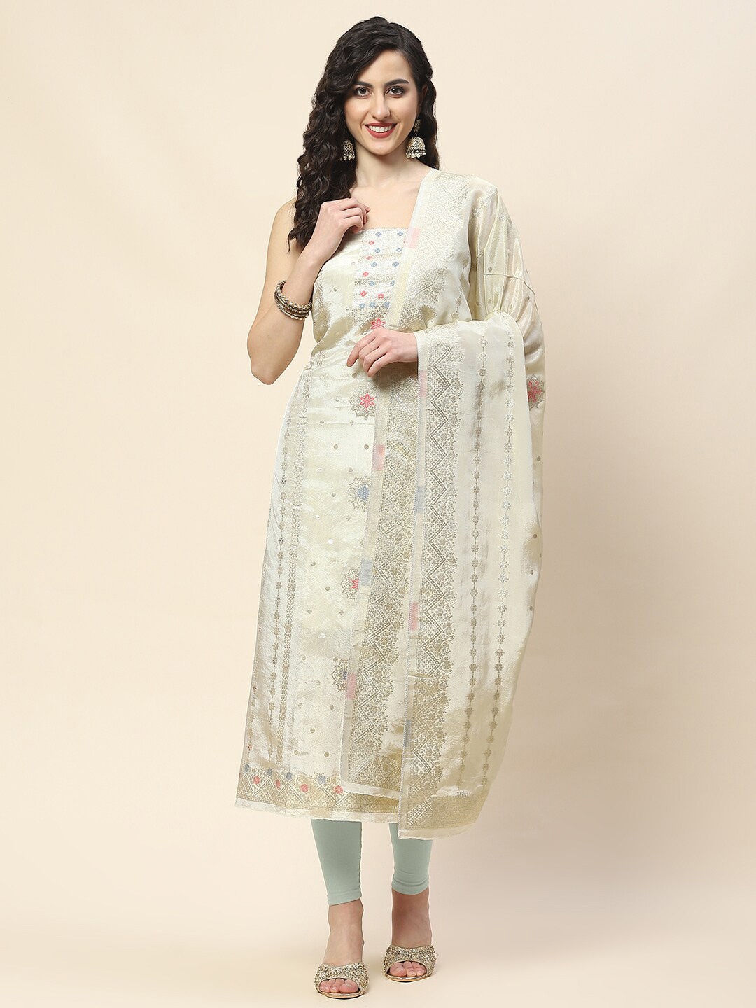 

Meena Bazaar Unstitched Dress Material, Cream