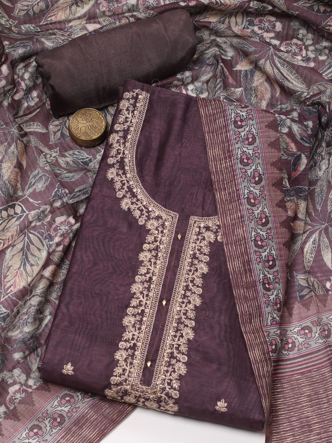

Meena Bazaar Ethnic Motifs Embroidered Unstitched Dress Material, Brown