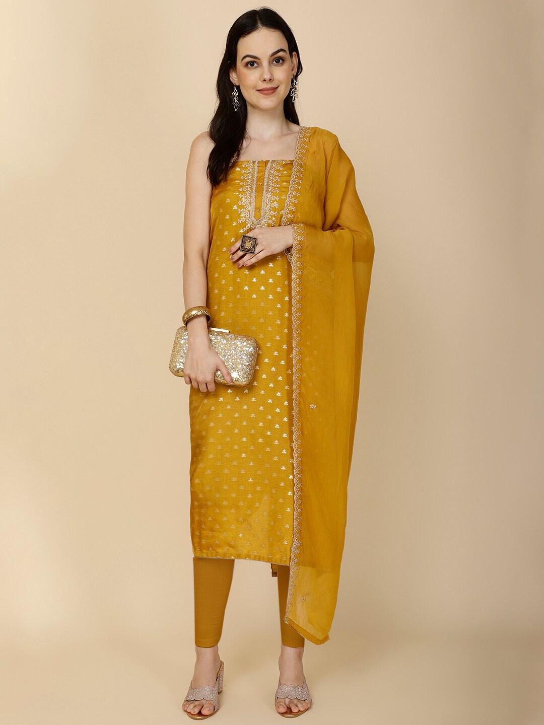 

Meena Bazaar Floral Woven Design Zari Unstitched Dress Material, Mustard