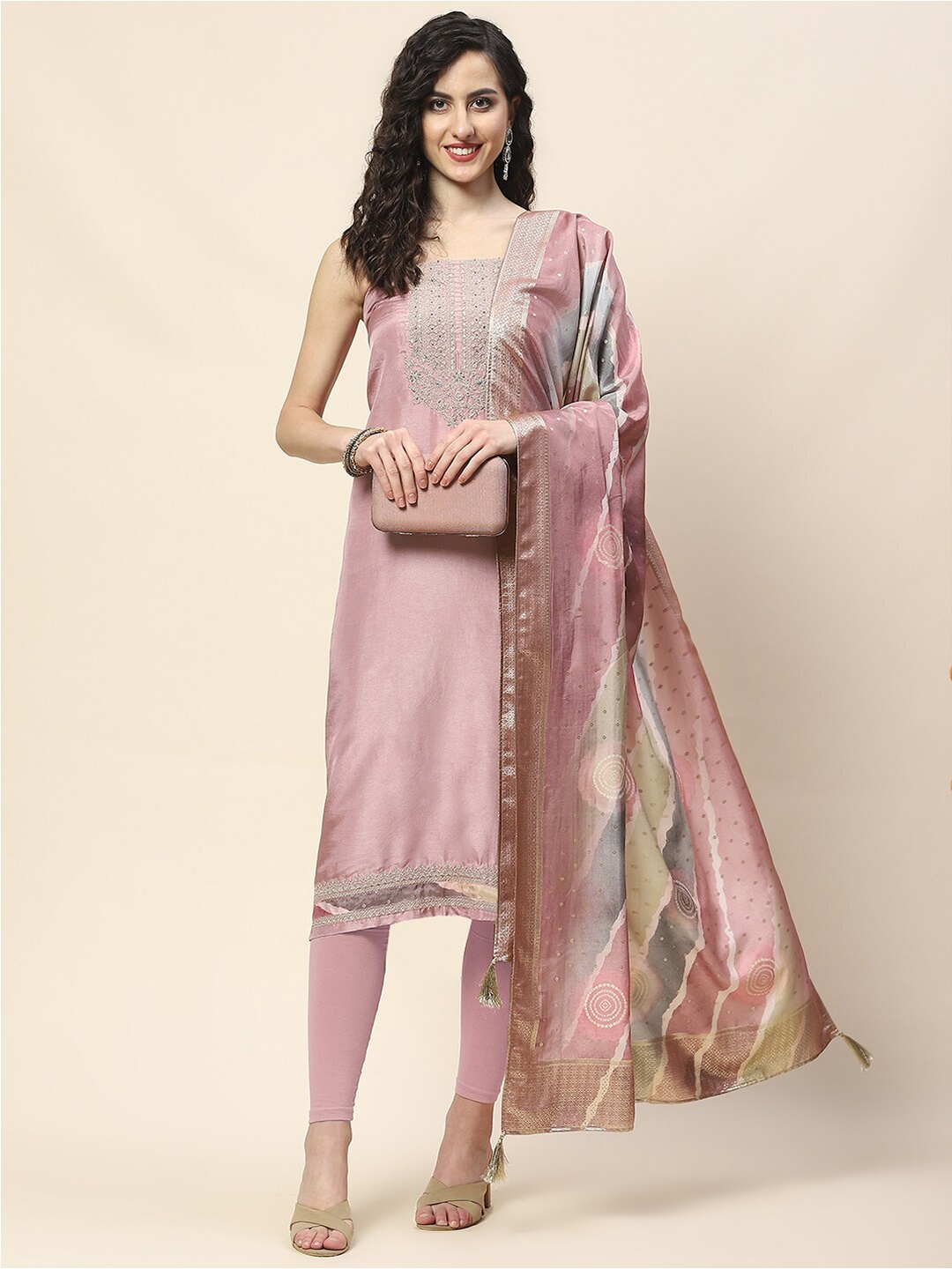 

Meena Bazaar Floral Embroidered Zari Unstitched Dress Material, Pink