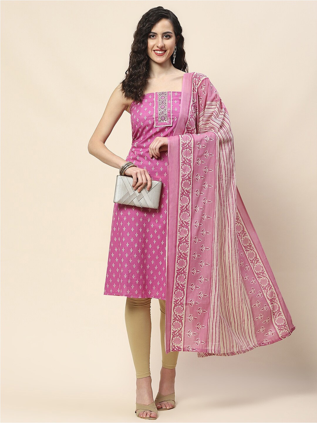 

Meena Bazaar Ethnic Motifs Printed Sequinned Unstitched Dress Material, Pink