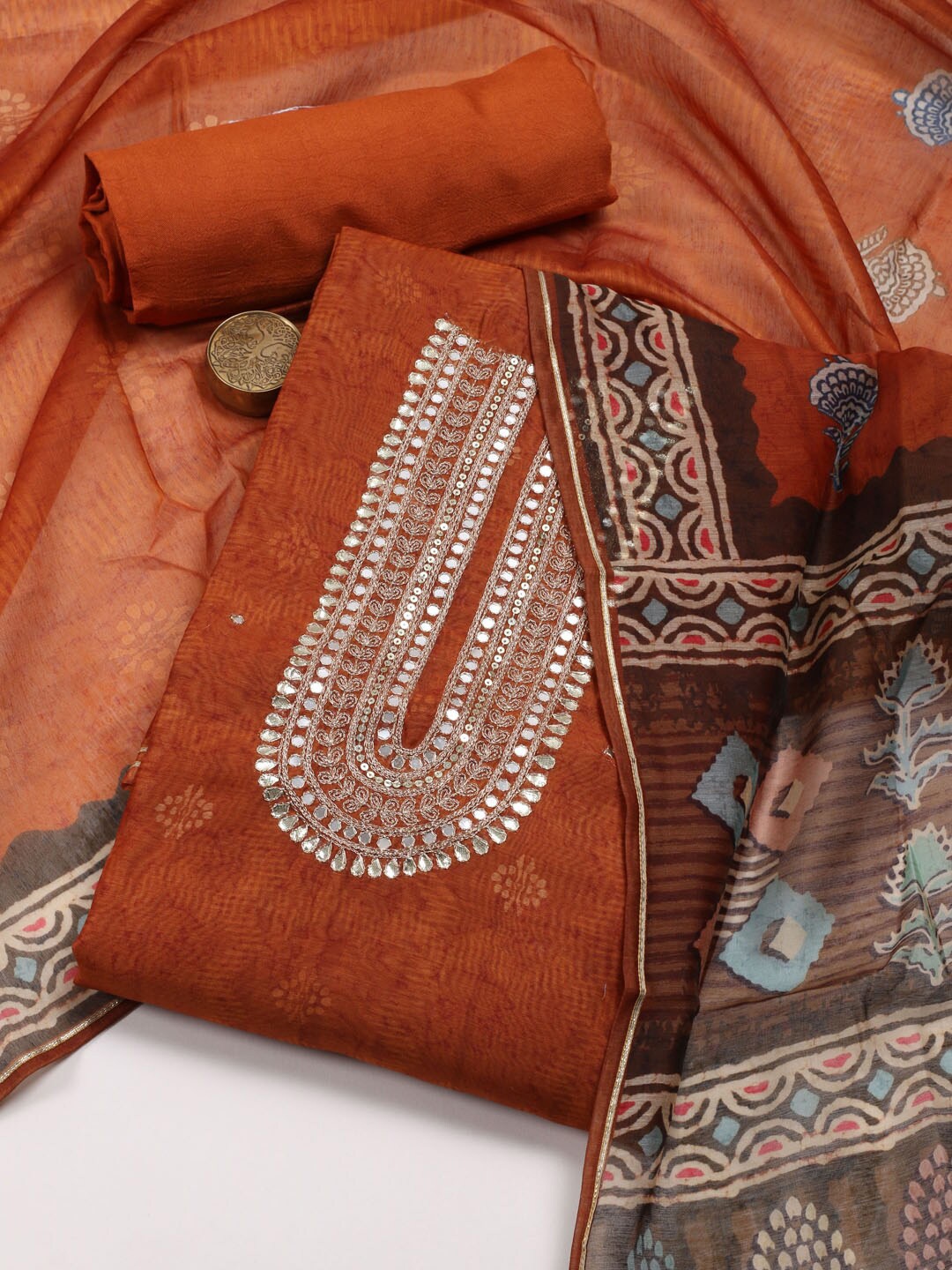 

Meena Bazaar Printed Art Silk Unstitched Dress Material, Orange
