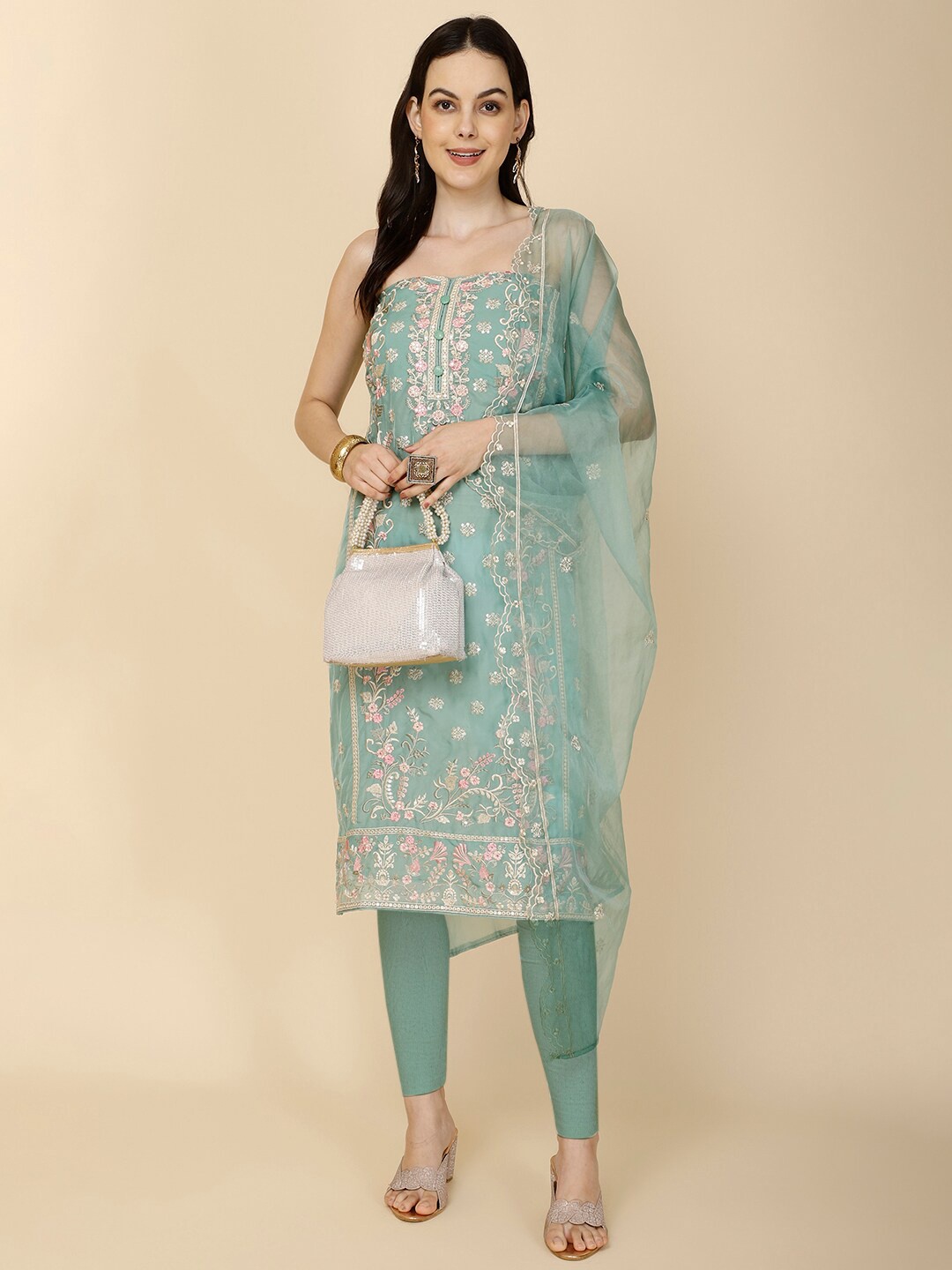 

Meena Bazaar Embroidered Organza Unstitched Dress Material, Sea green