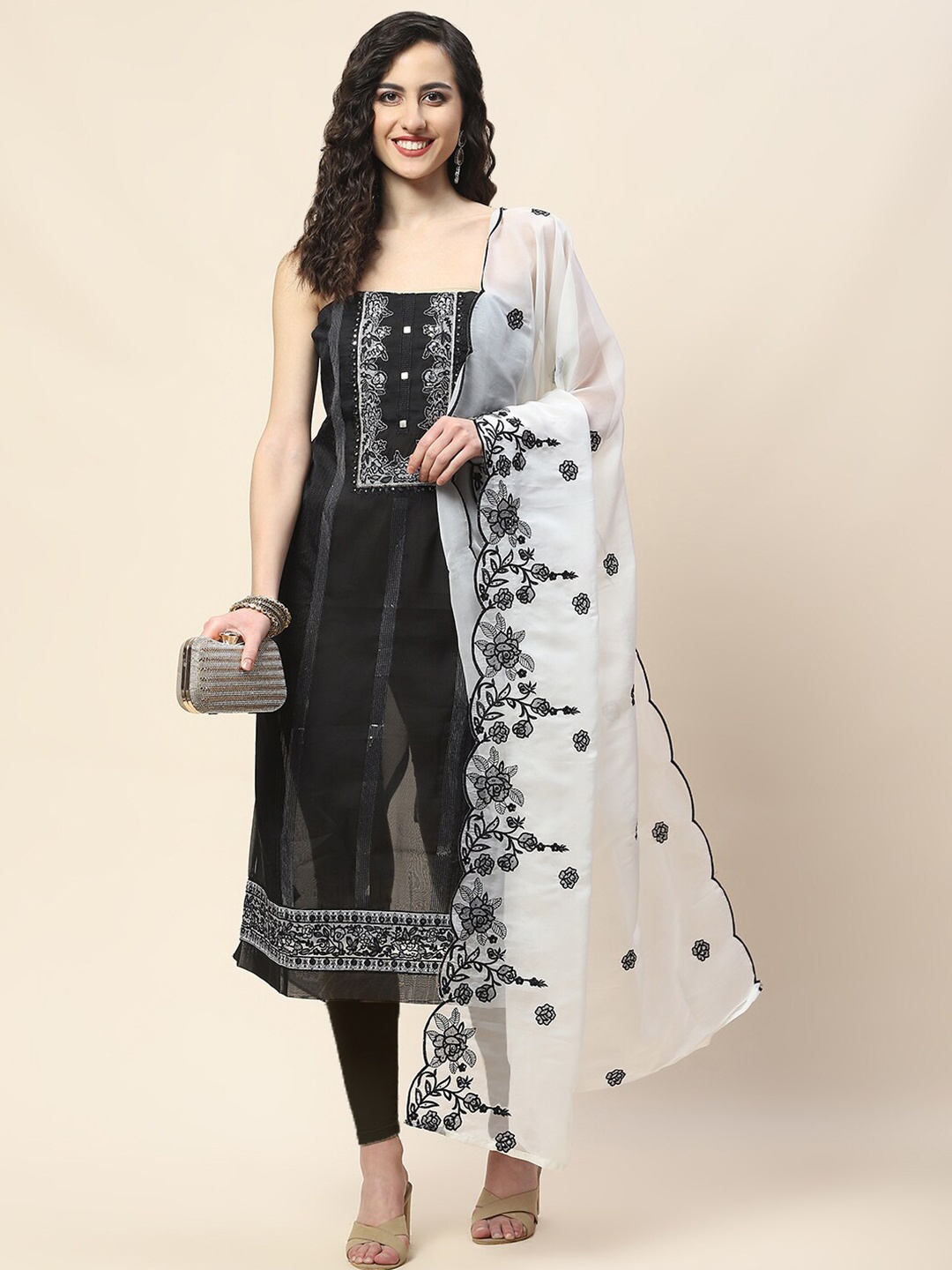 

Meena Bazaar Embroidered Art Silk Unstitched Dress Material, Black
