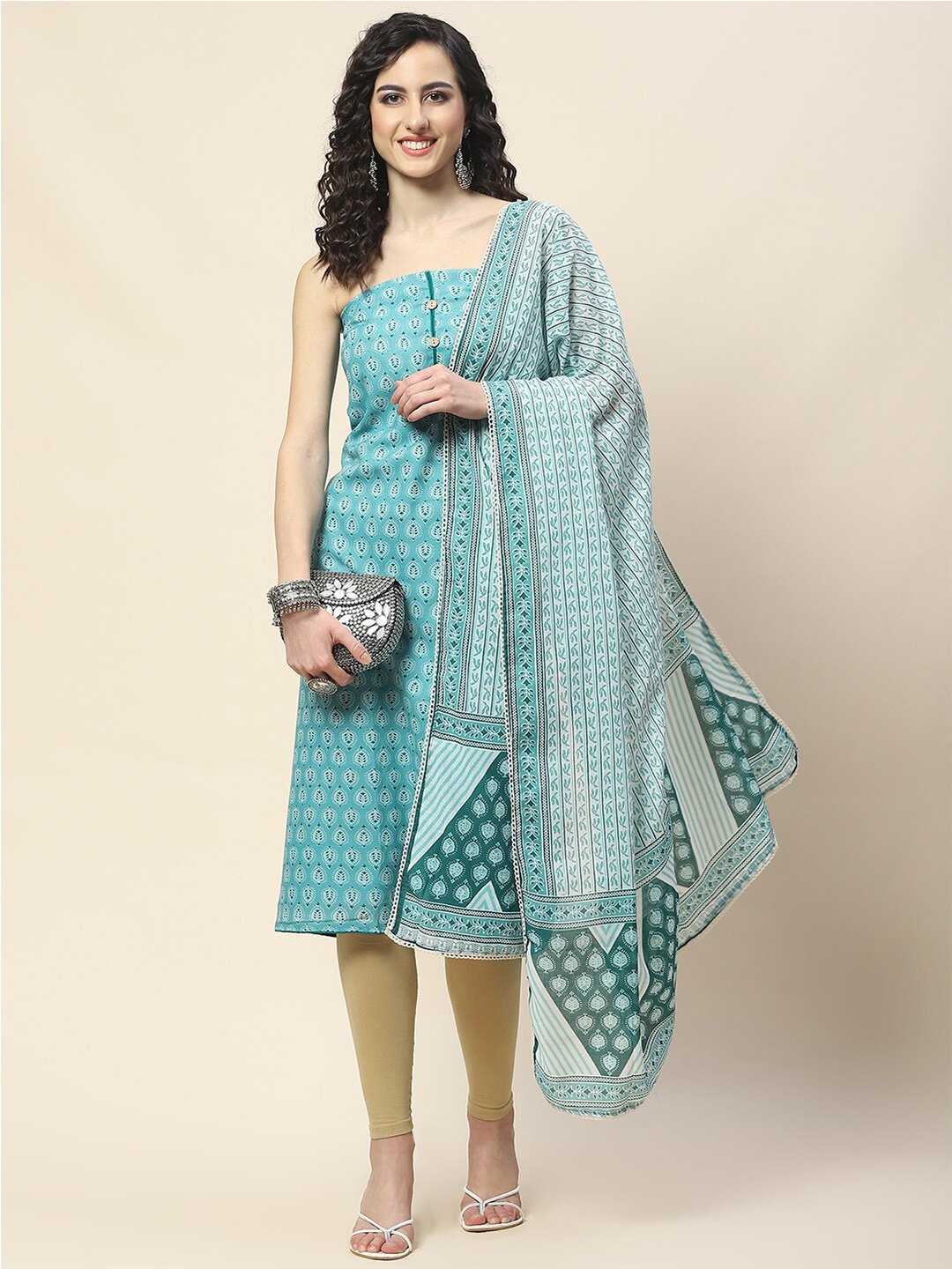 

Meena Bazaar Printed Unstitched Dress Material, Sea green