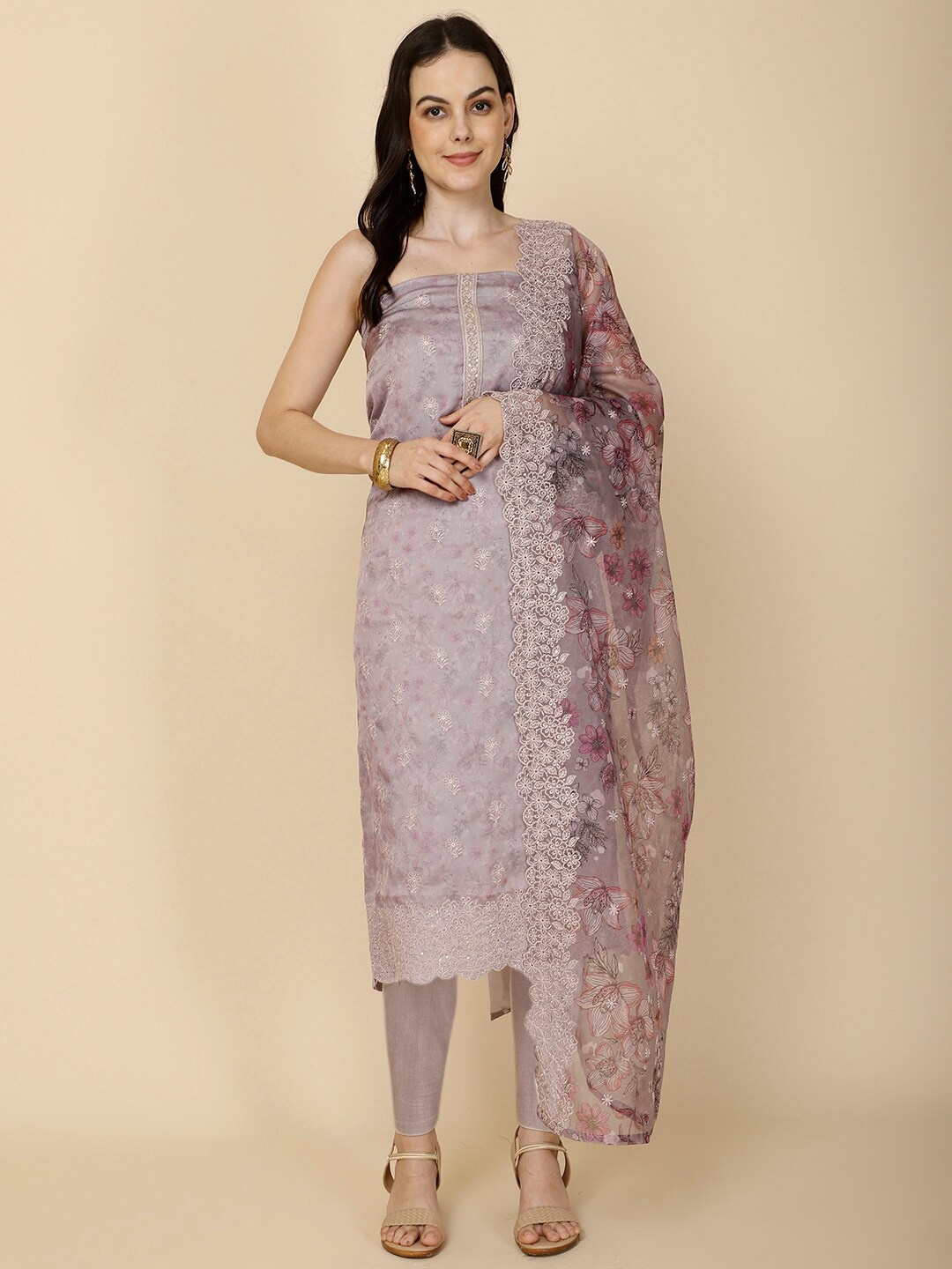 

Meena Bazaar Floral Printed Sequinned Unstitched Dress Material, Lavender