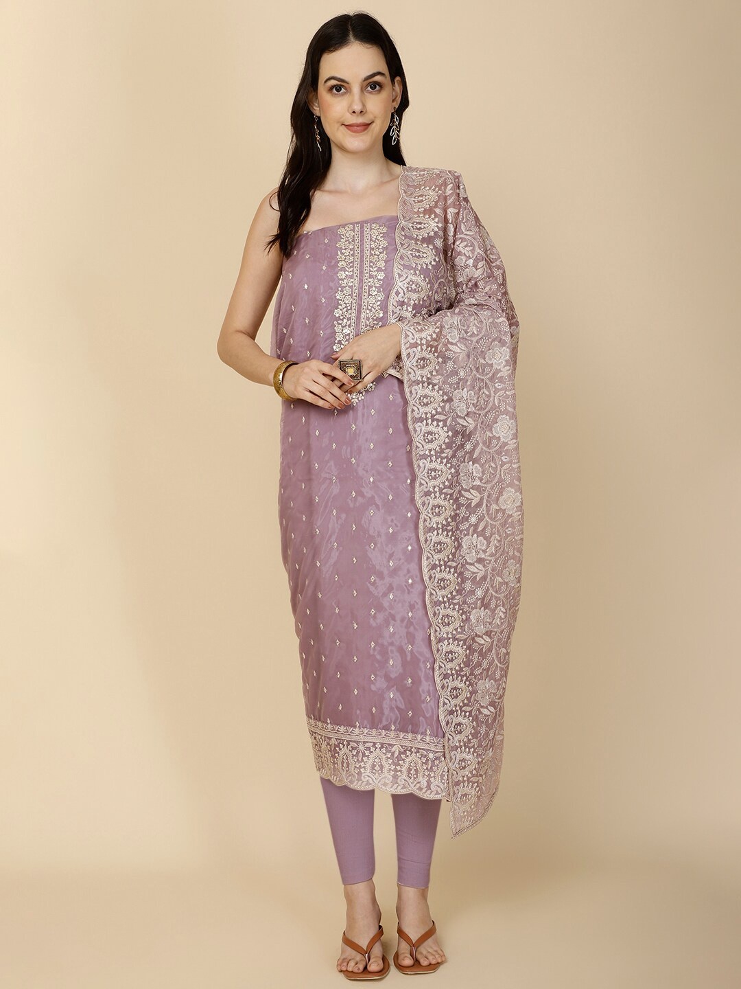 

Meena Bazaar Embroidered Organza Unstitched Dress Material, Lavender
