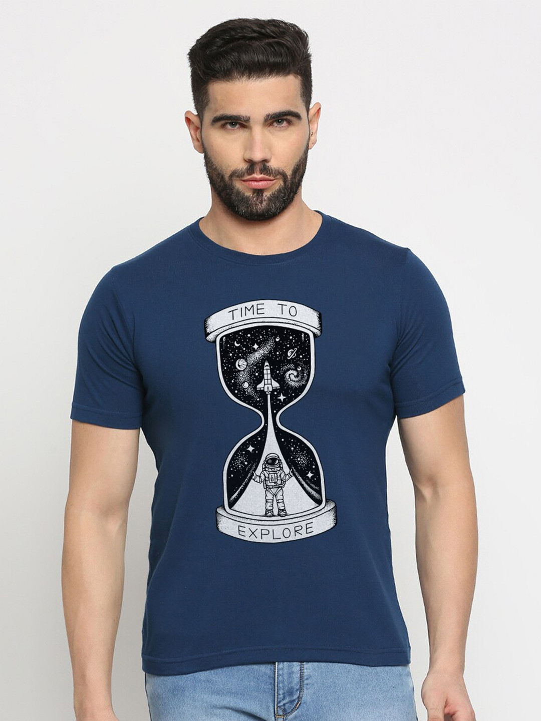 

MOD ECRU Unisex Printed V-Neck Applique T-shirt, Blue