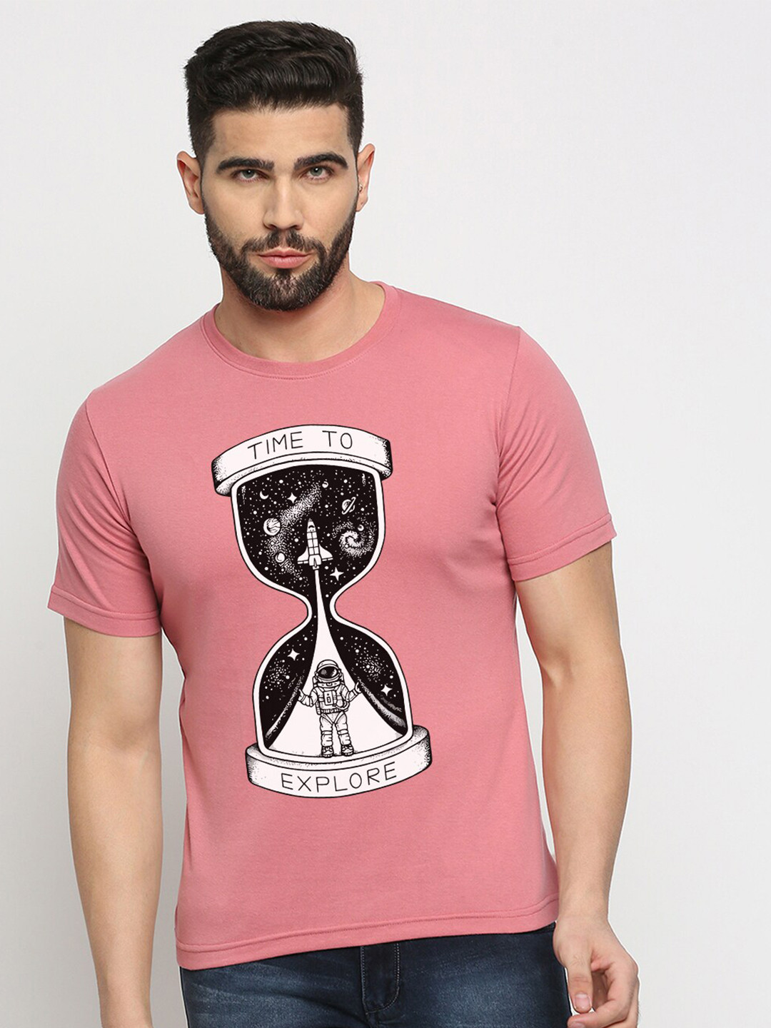 

MOD ECRU Unisex Printed V-Neck Applique T-shirt, Pink