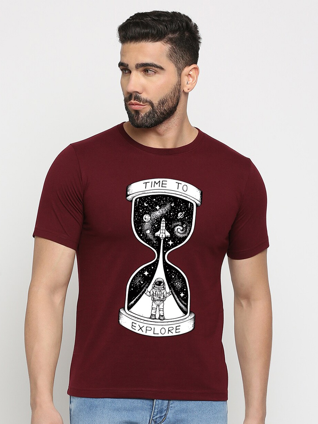 

MOD ECRU Unisex Printed V-Neck Applique T-shirt, Maroon
