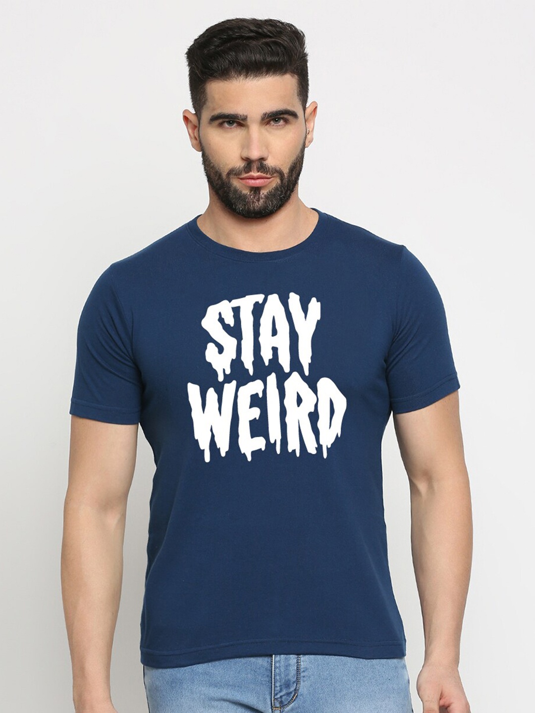 

MOD ECRU Unisex Printed V-Neck Raw Edge T-shirt, Blue