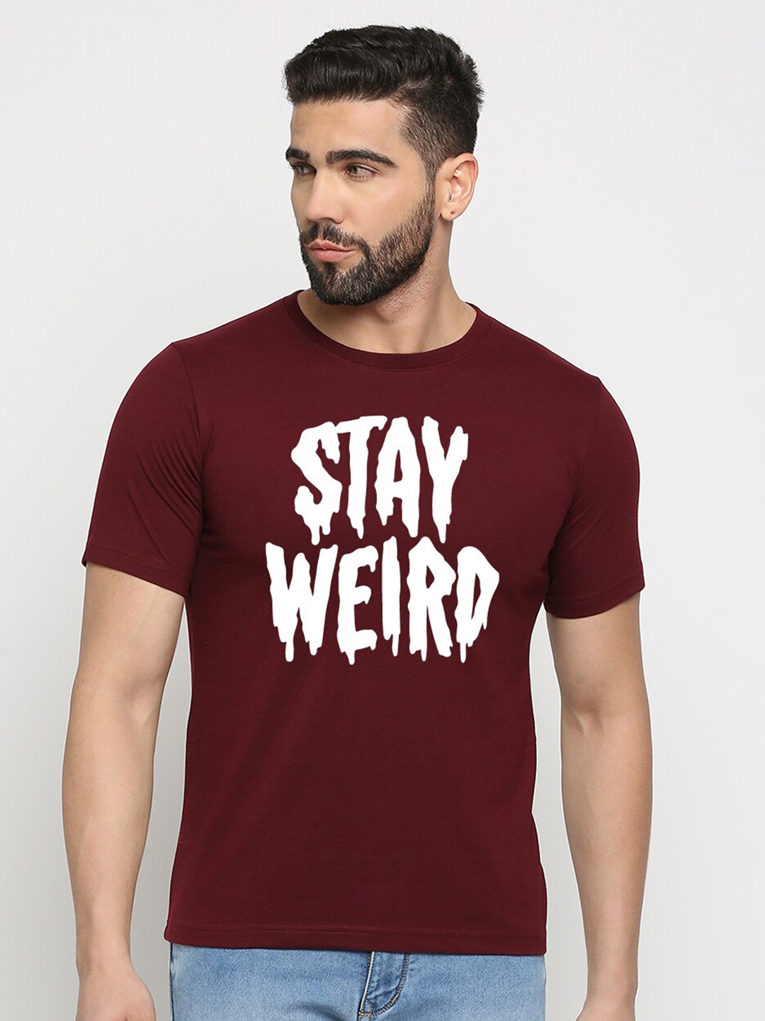

MOD ECRU Unisex Printed V-Neck Raw Edge T-shirt, Maroon