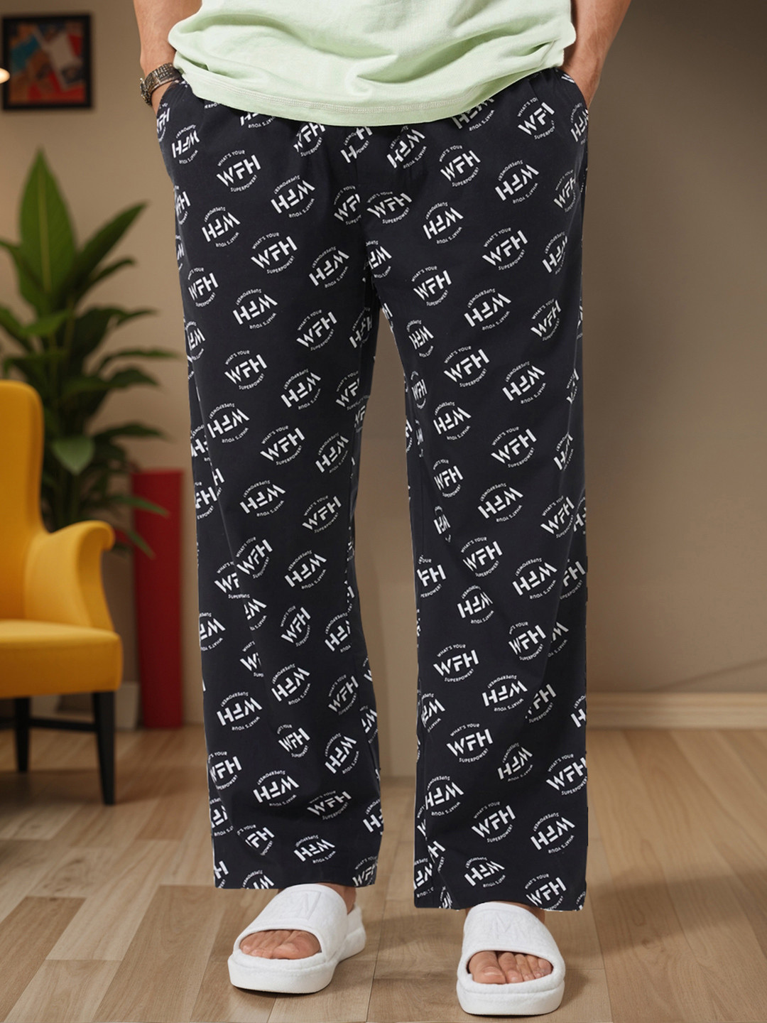 

Bewakoof Men Printed Cotton Straight Leg Lounge Pants, Black
