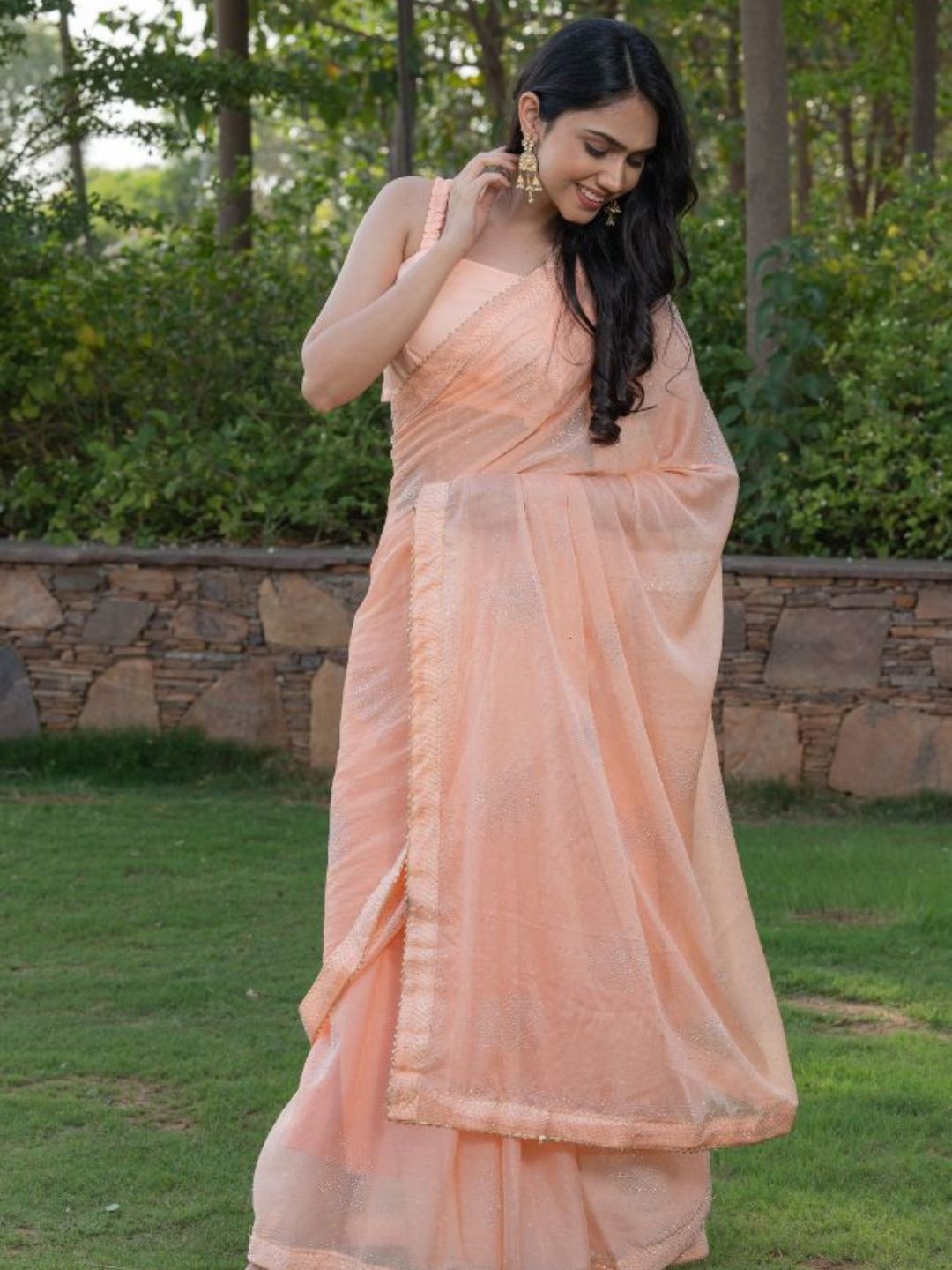 

HOUSE OF JAMOTI Ethnic Embellished Beads & Stones Saree, Peach