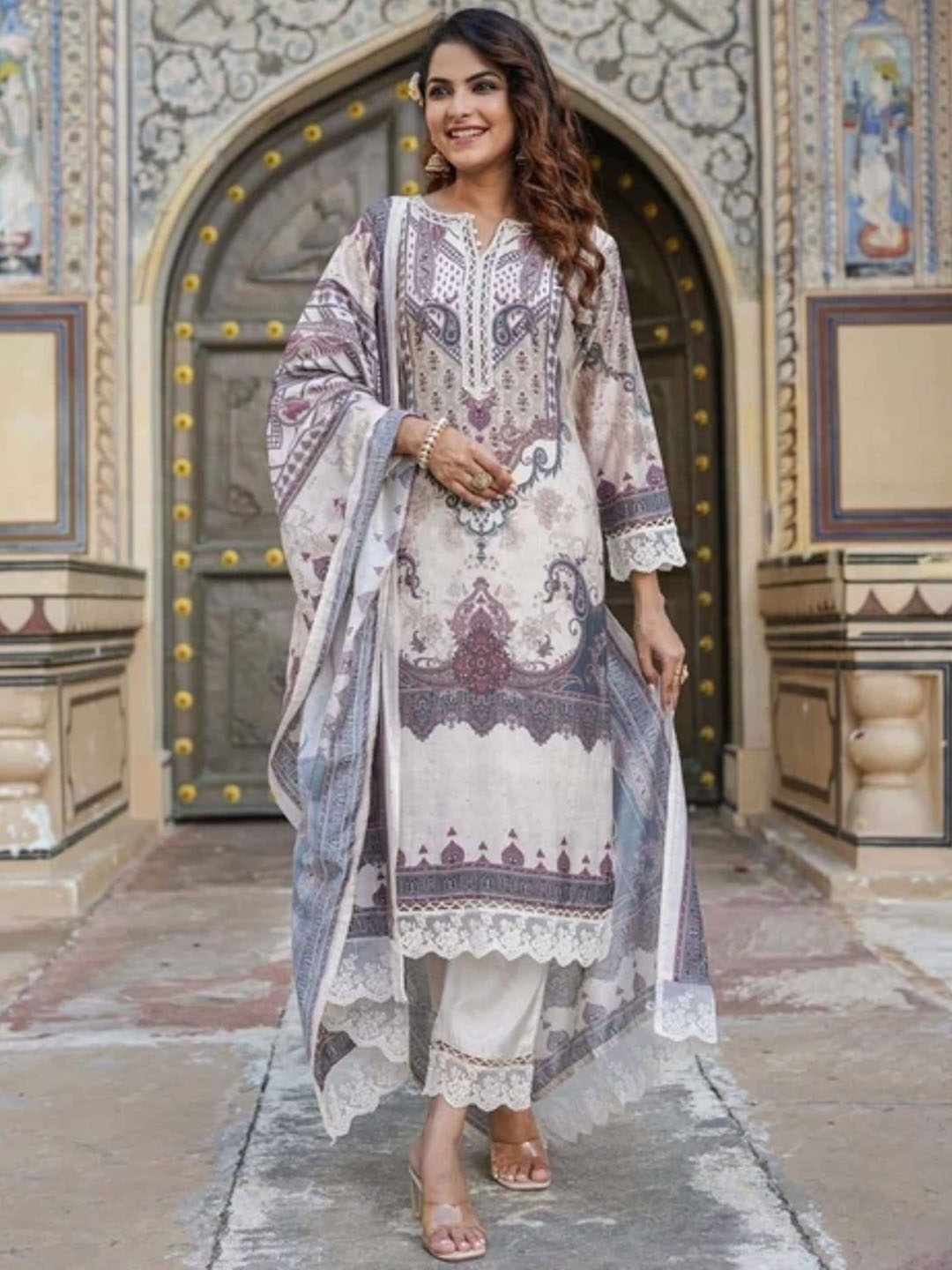 

KALINI Paisley Printed Notch Neck Gotta Patti Straight Kurta With Trousers & Dupatta, White