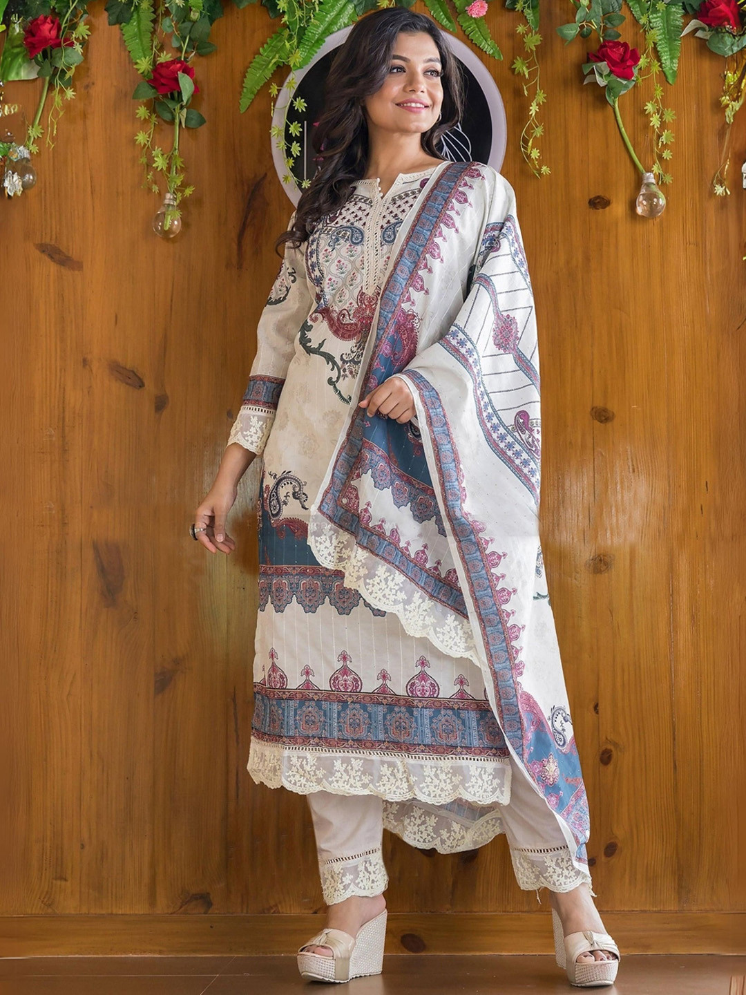 

KALINI Ethnic Motifs Printed Notched Neck Thread Work Kurta with Trousers & Dupatta, White