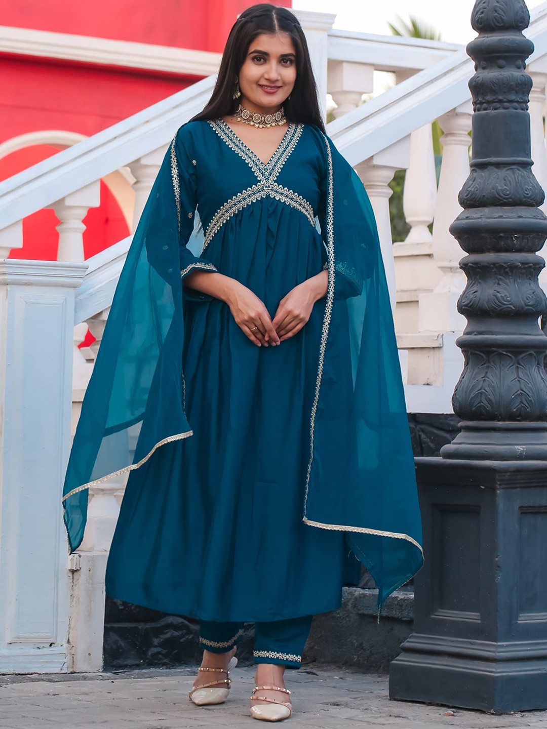 

KALINI Floral Yoke Design Empire Pure Silk Kurta & Trousers With Dupatta, Turquoise blue
