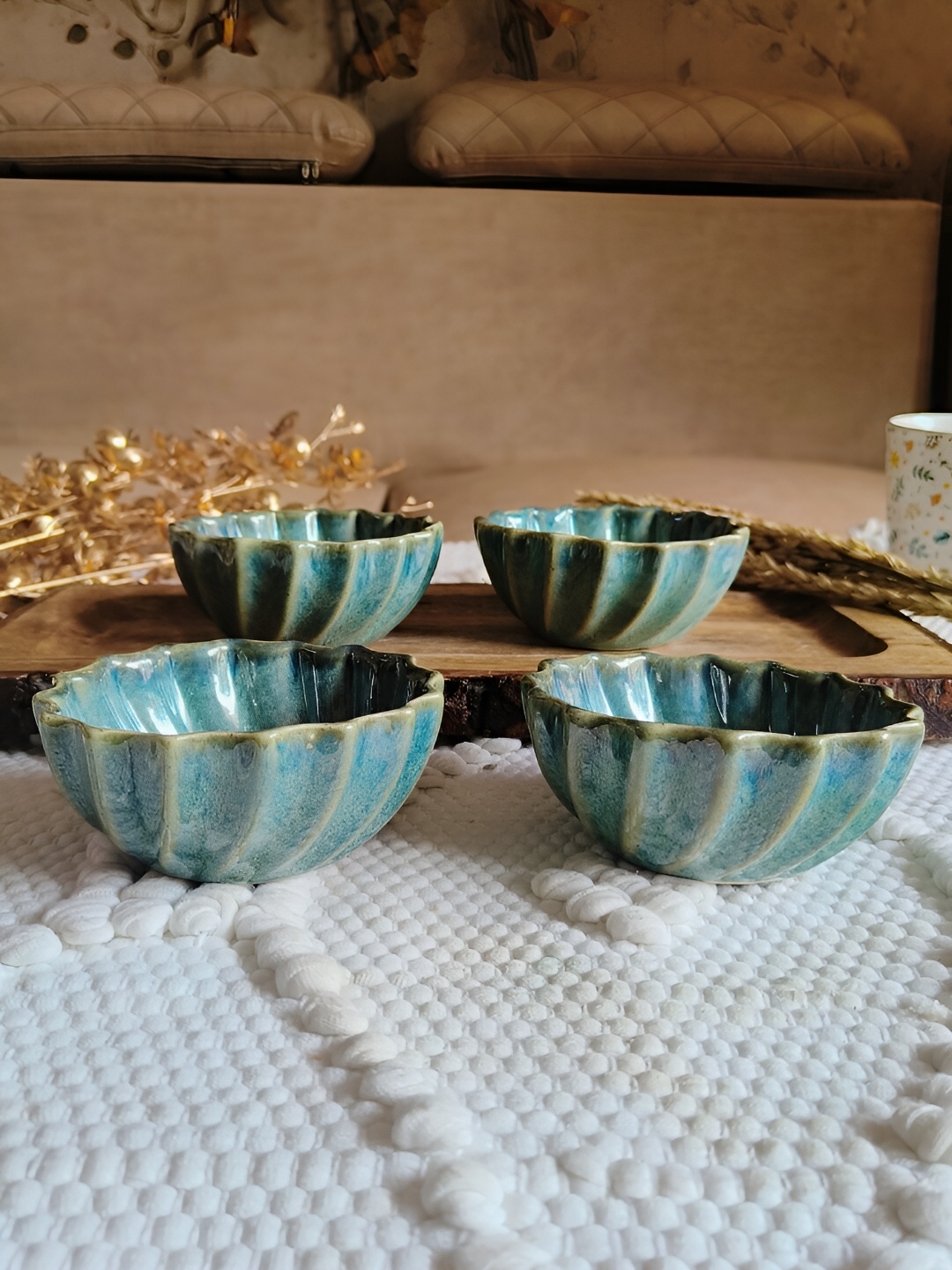 

NIYARA Green & Gold-Toned 4 Pieces Printed Ceramic Glossy Bowls